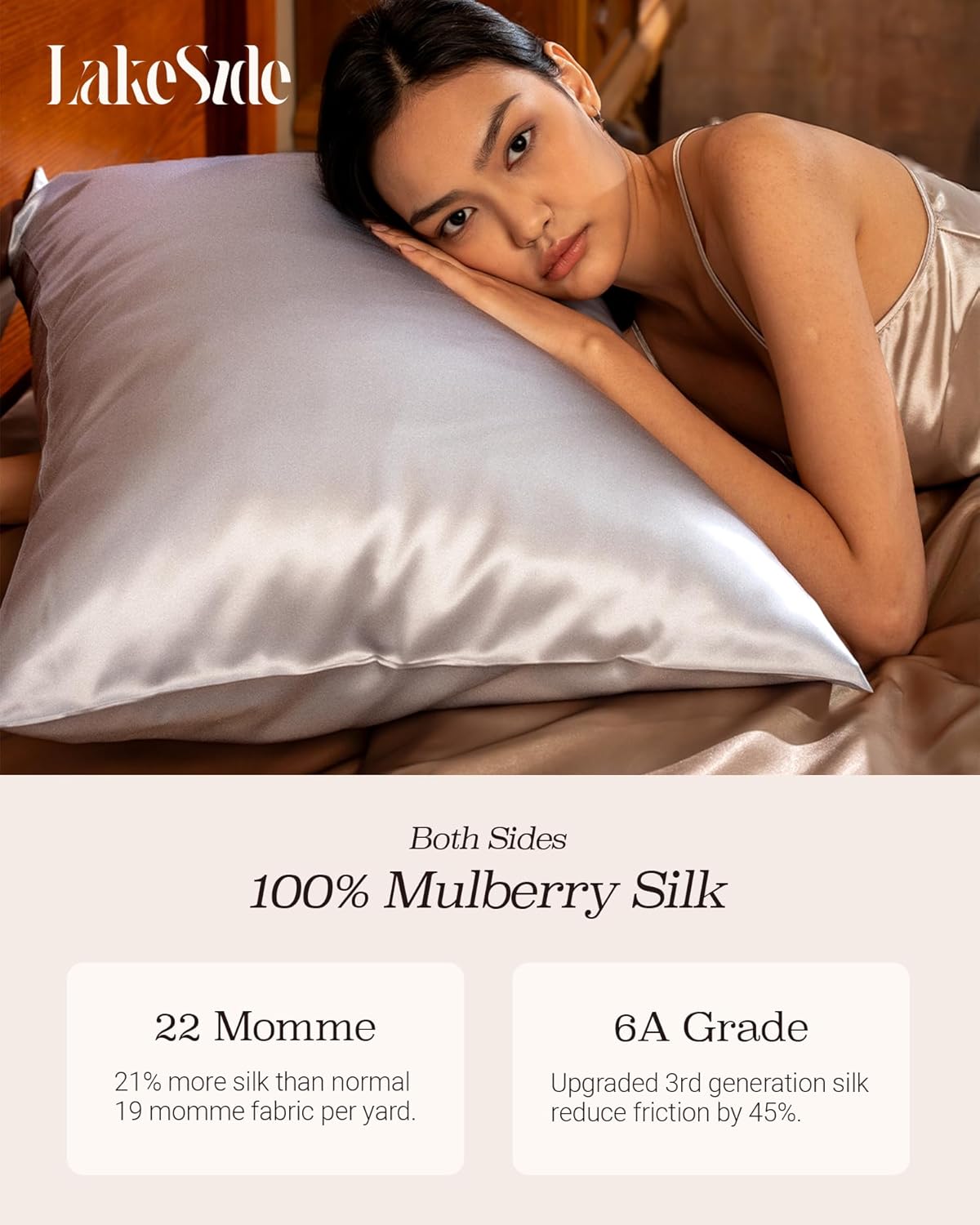 Oriental Lakeside® 100% Pure 22 Momme Mulberry Silk Pillowcase with Hidden Zipper - Nighttime Skincare & Hair Care Hydrating Pillow Cover
