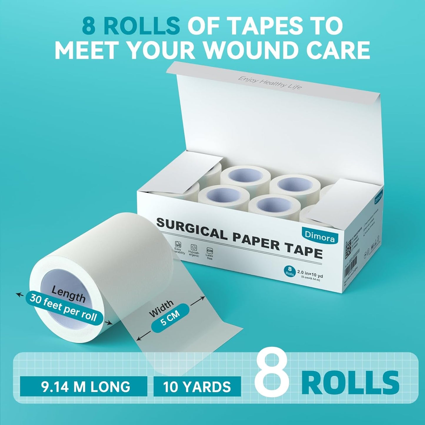 Dimora Soft Paper Surgical Tape 8 Rolls- Hypoallergenic Medical Tape for Sensitive Skin，Breathable First Aid Wound Tape with Pain-Free Removal, Secures Dressing and Medical Devices -2" x 10 Yards