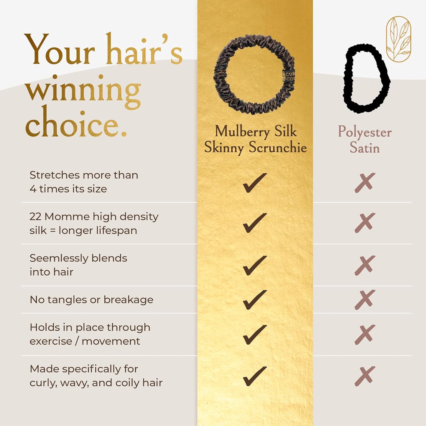 Mulberry Silk Skinny Hair Match Scrunchies for Women, Anti-Breakage Hair Ties for Curly, Thick & Thin Hair, 100% Silk, Satin Hair Scrunchies for Buns & Ponytails, Brown/Medium/Deep Brunette, 4-Pack