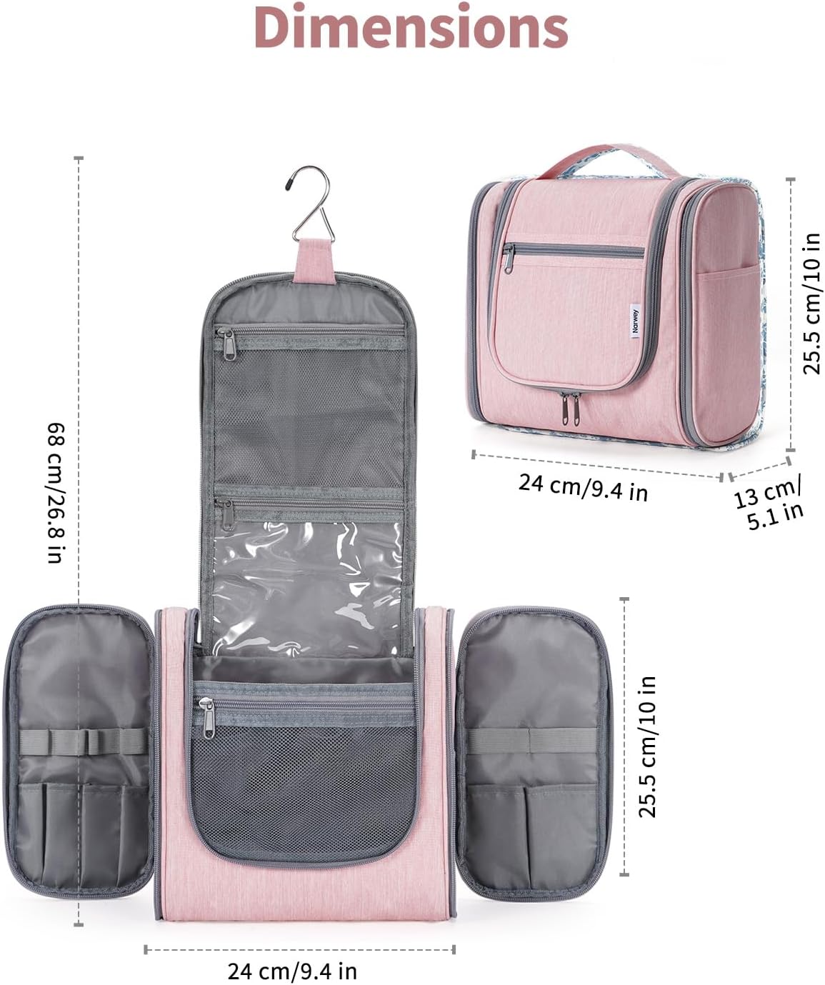 Narwey Hanging Toiletry Bag for Women Travel Makeup Bag Organizer Toiletries Bag for Cosmetics Essentials Accessories(Large, Pink)