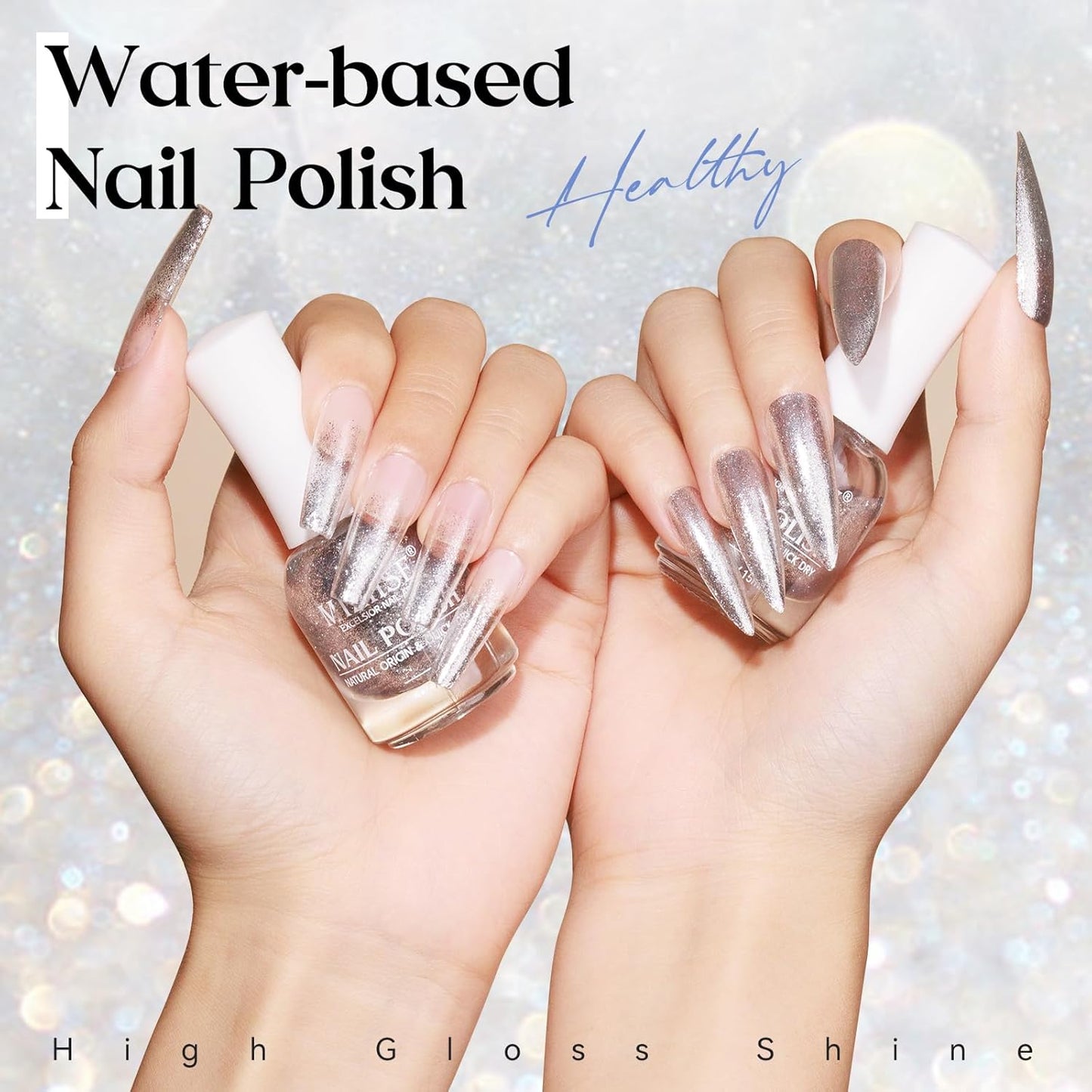 MIZHSE Quick Dry Glitter Nail Polish, Silver Nail Polish Air Dry Fast, 15ml 0.5 fl oz High Glossy Sparkle Shiny Shimmery Chrome Nail Pigment Nail Art Salon Manicure Home