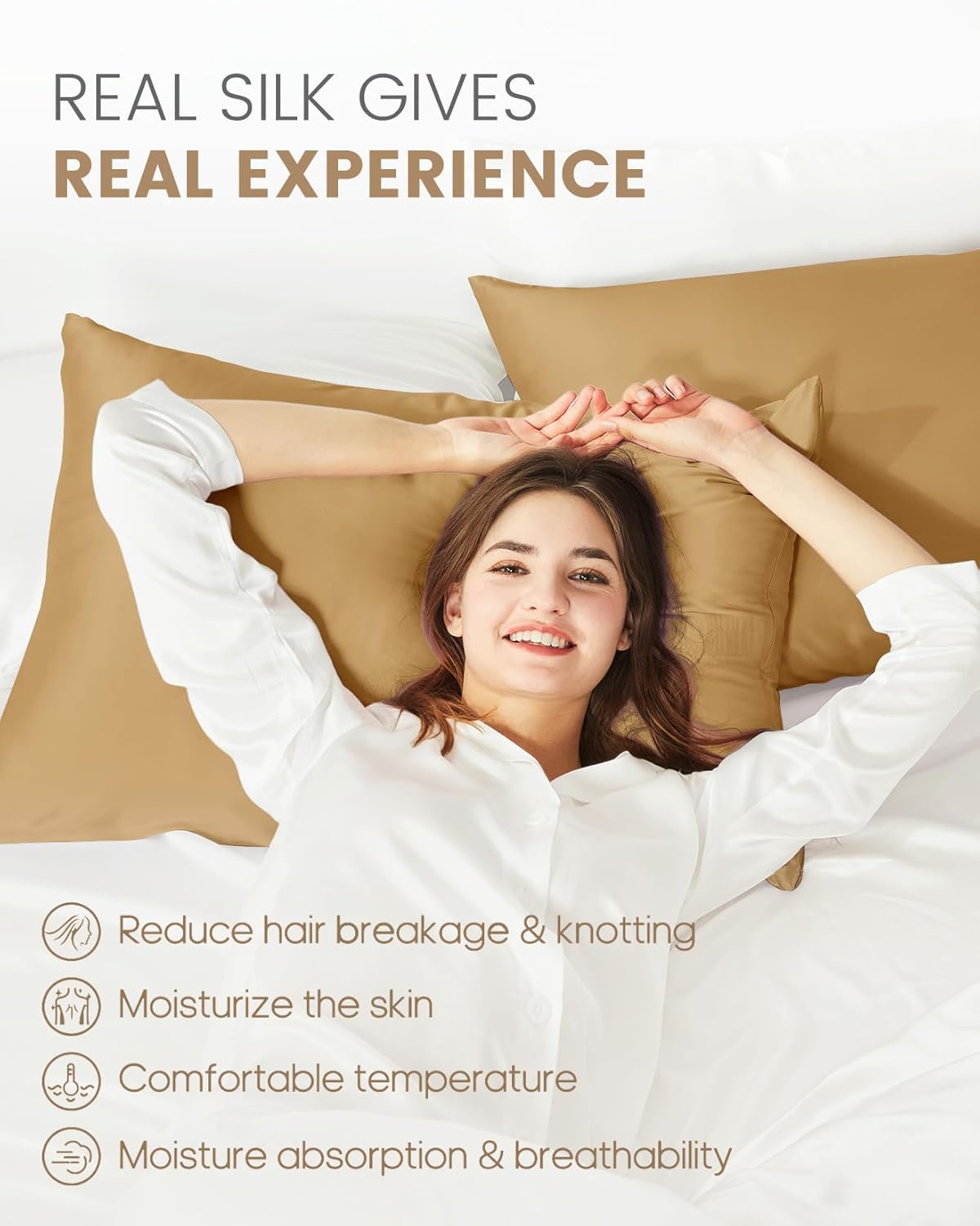 THXSILK 100% Mulberry Silk Pillowcase for Hair and Skin, Grade 6A+ Silk Pillow Case with Hidden Zipper, Hypoallergenic Pillow Case with Zipper, 1pc (Queen 20"x30", Metallic Gold)