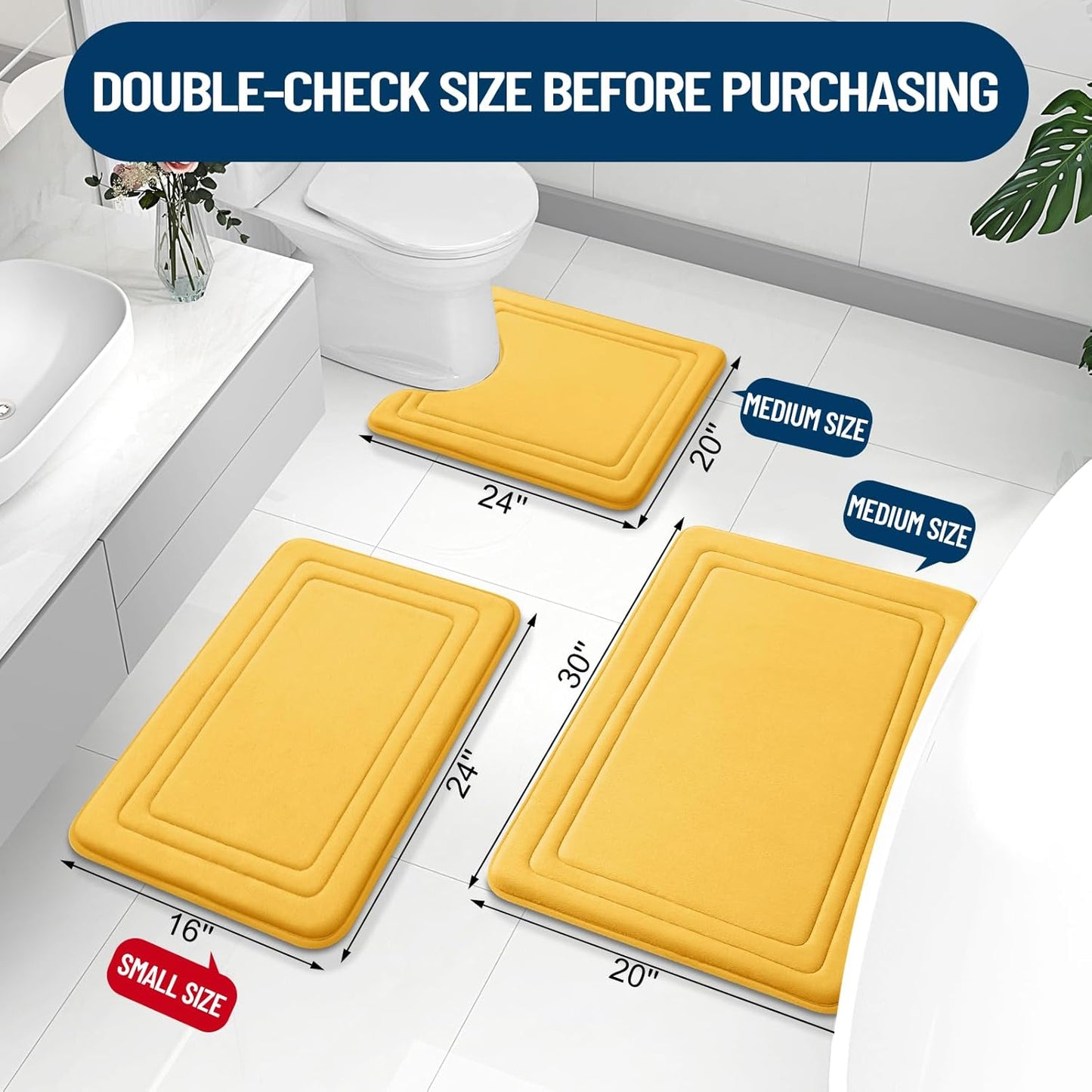 Grandaily Memory Foam Bath Mat Rug 30x20, Ultra Soft, Non-Slip and Absorbent Bathroom Rugs, Machine Wash Dry, Comfortable Bath Carpet for Bathroom Floor, Tub and Shower, Yellow