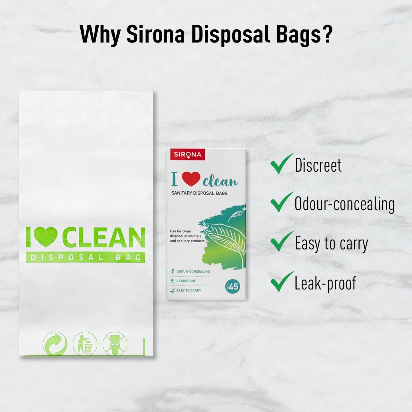 Sirona Sanitary Disposable Bags - 45 Bags for Discreet Disposal of Tampons, Condoms, Sanitary Pads, Panty Liner and Personal Hygiene Waste