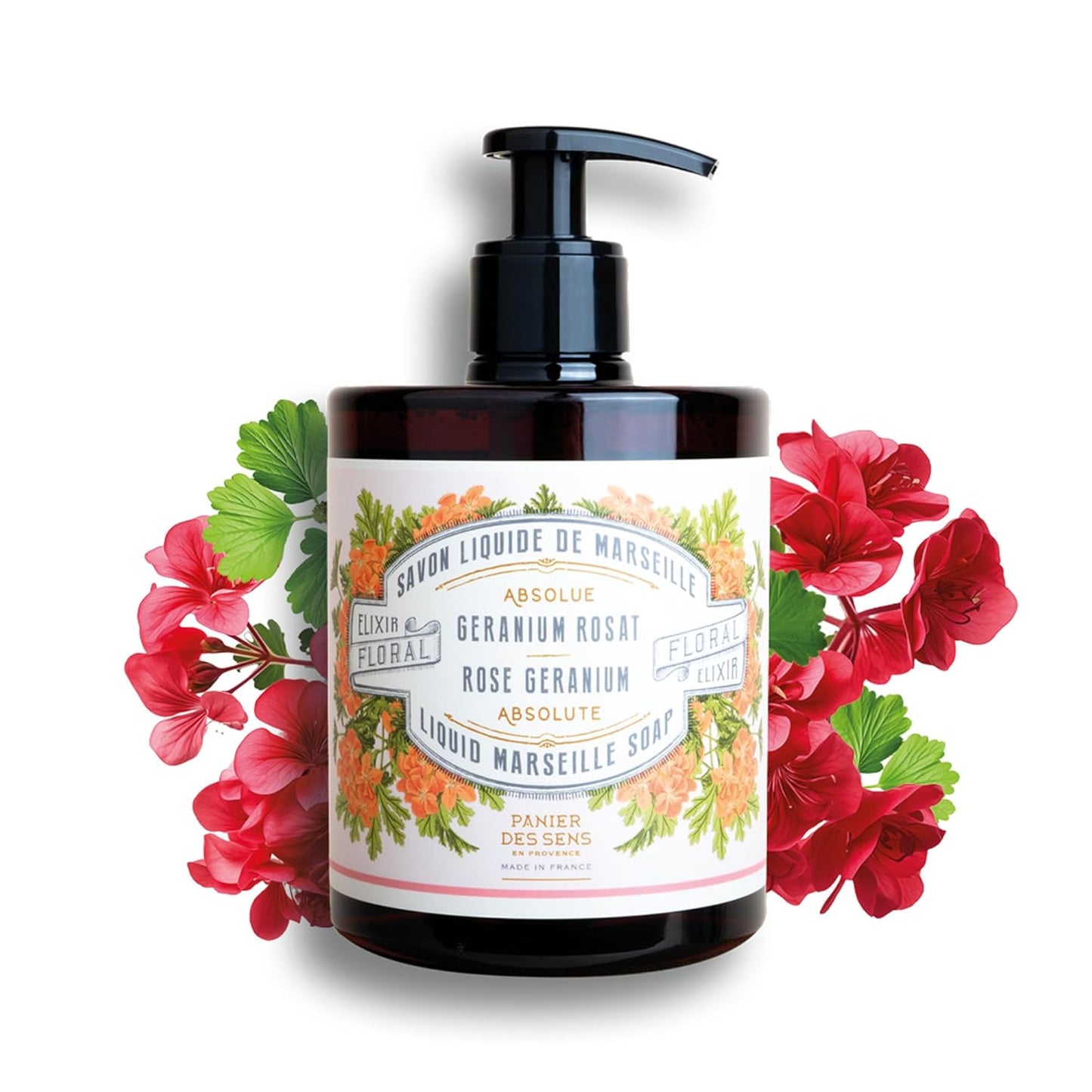 Panier des Sens - Moisturizing Hand Soap - Rose Geranium Fragrance - French Traditional Savon de Marseille Soap - Refillable Kitchen & Bathroom Soap - 16.9 Fl.oz Liquid Hand Wash 96% Natural