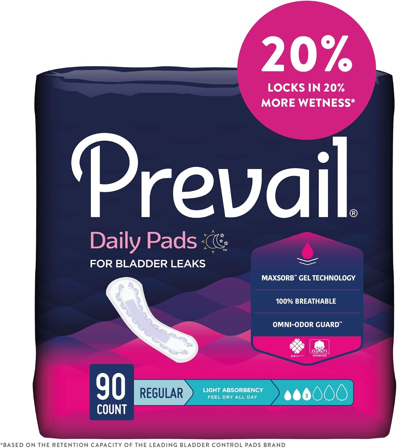Prevail Proven - Prevail Incontinence Bladder Control Pads - Bladder Leak Pads - Light Absorbency, Regular, 90 Count (3 Packs of 30)