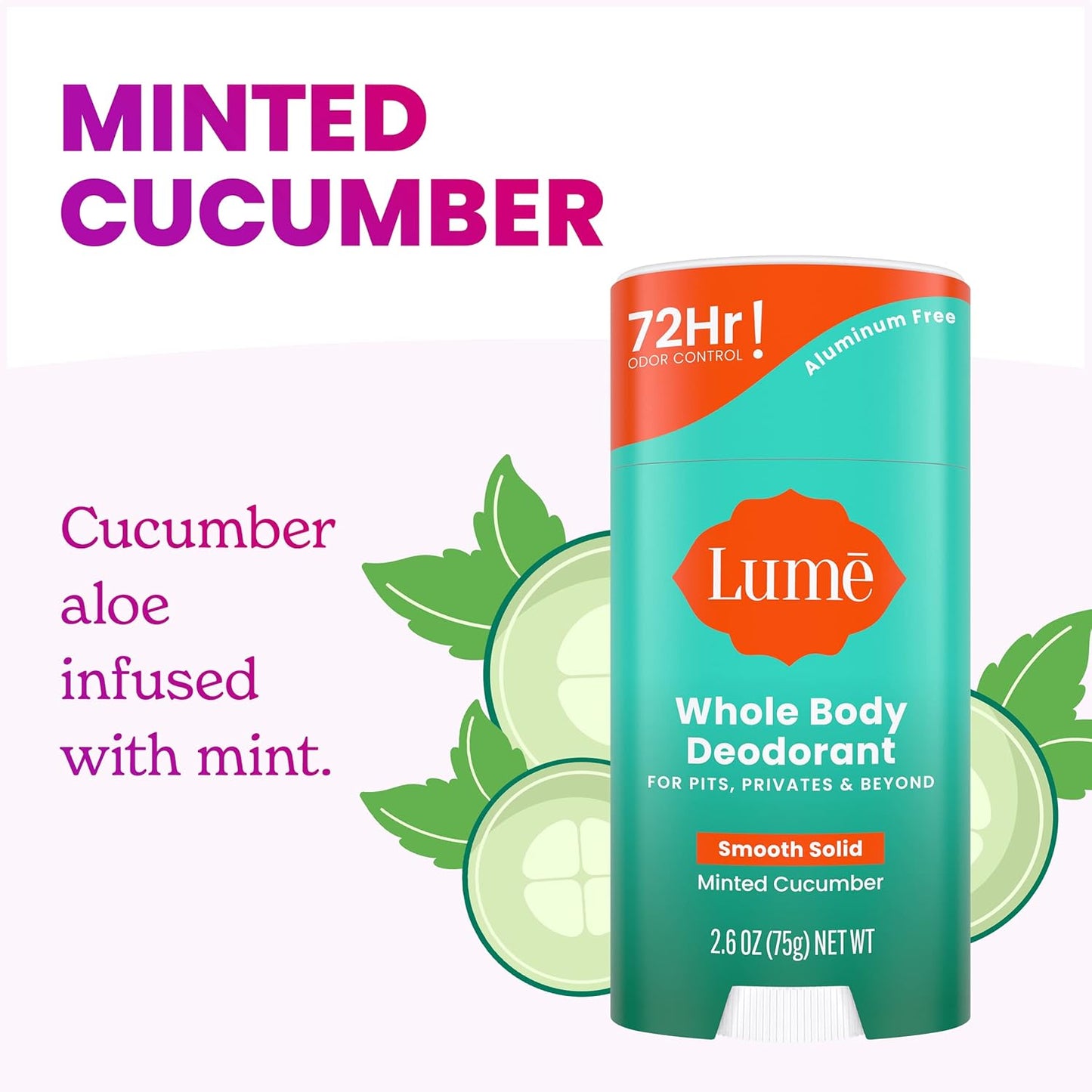 Lume Whole Body Deodorant - Smooth Solid Stick - 72 Hour Odor Control - Aluminum Free, Baking Soda Free and Skin Safe - 2.6 Ounce (Pack of 2) (Minted Cucumber)