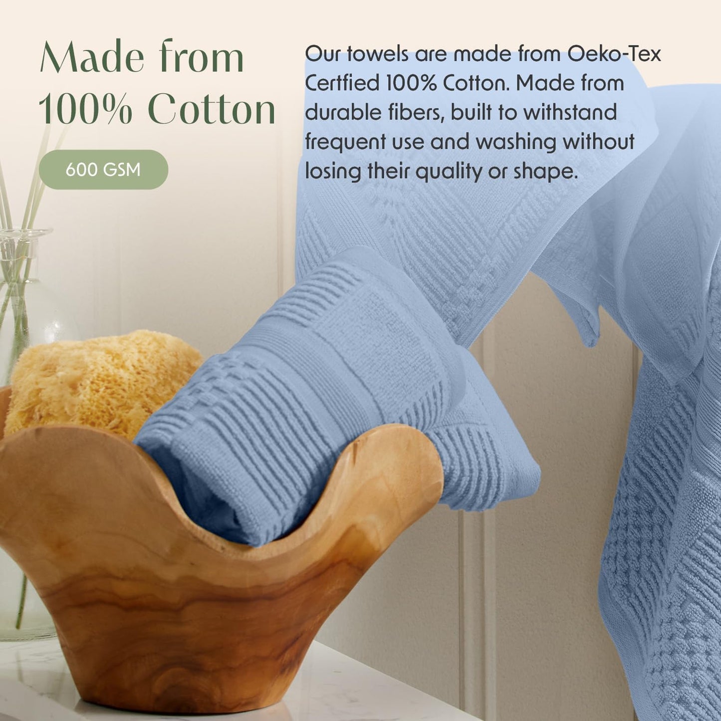 Springtree Home 100% Cotton Bath Towel Set of 4 | Blue Towels | Geometric Textured Design | Absorbent & Quick-Dry | 4 Bath Towels | Oeko-TEX® Standard 100 Cotton | Myla Collection - Blue Cashmere