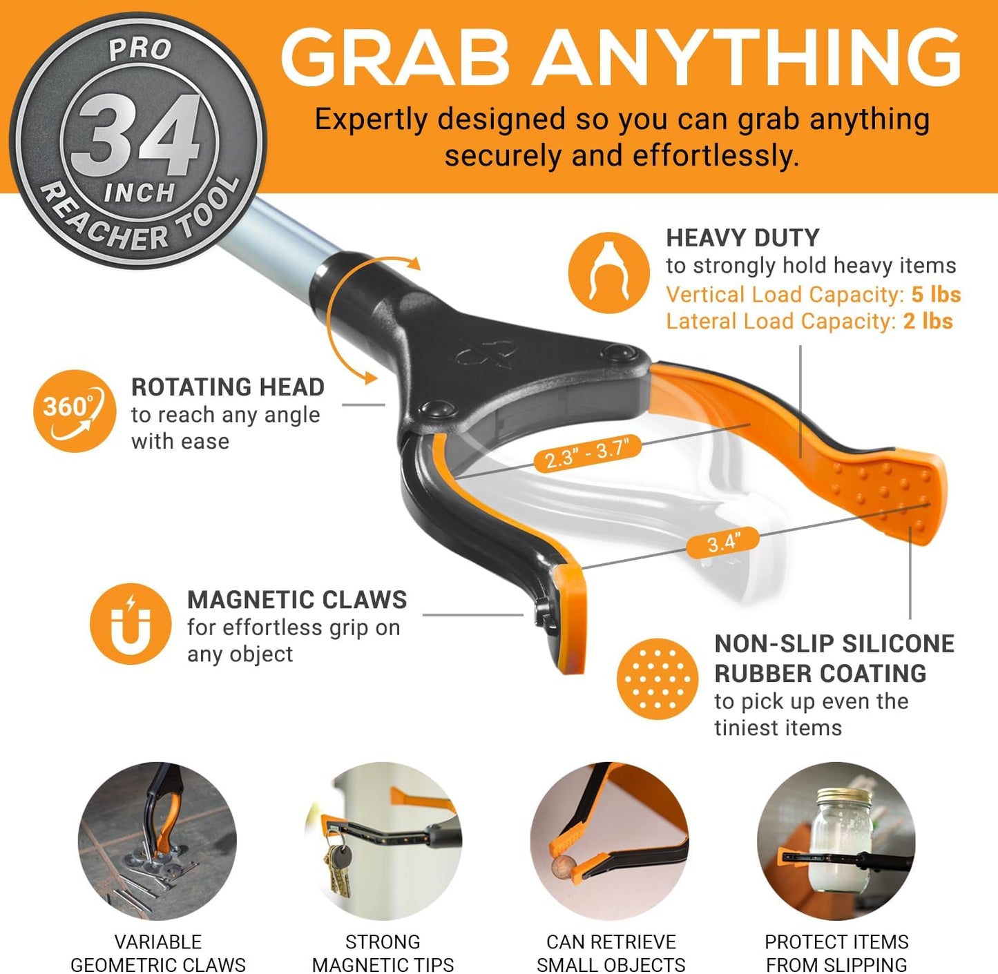 EZPIK Pro 34" Foldable Grabber Reacher Tool for Seniors - Grabbers for Elderly Reaching Tool Heavy Duty Pickup Trash Picker Upper Equipment - Claw Grabber Stick for Reaching Aids, Weed Gripper 6-Pack