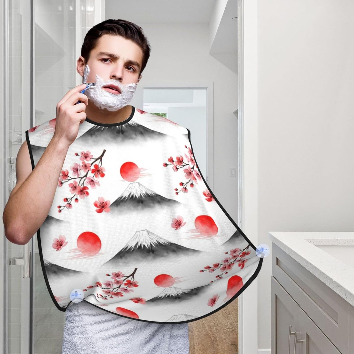 Men's Shaving Accessory Japanese Blossom Watercolor Cherry Flower Mountain, Waterproof Beard Apron with Hair Catcher & Suction Cups