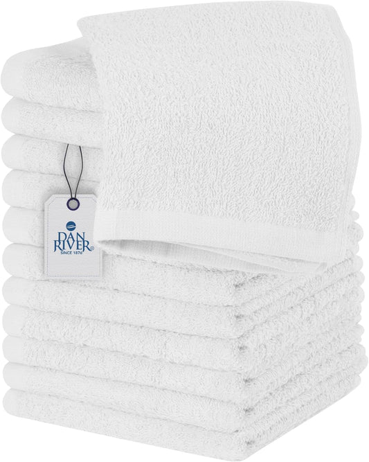DAN RIVER 100% Cotton Wash Cloths 12 Pack [12x12] Soft & Absorbent wash Rags for Bathroom, Gym, Hotels & Spa Perfect for Everyday Use Fingertip Towels, White
