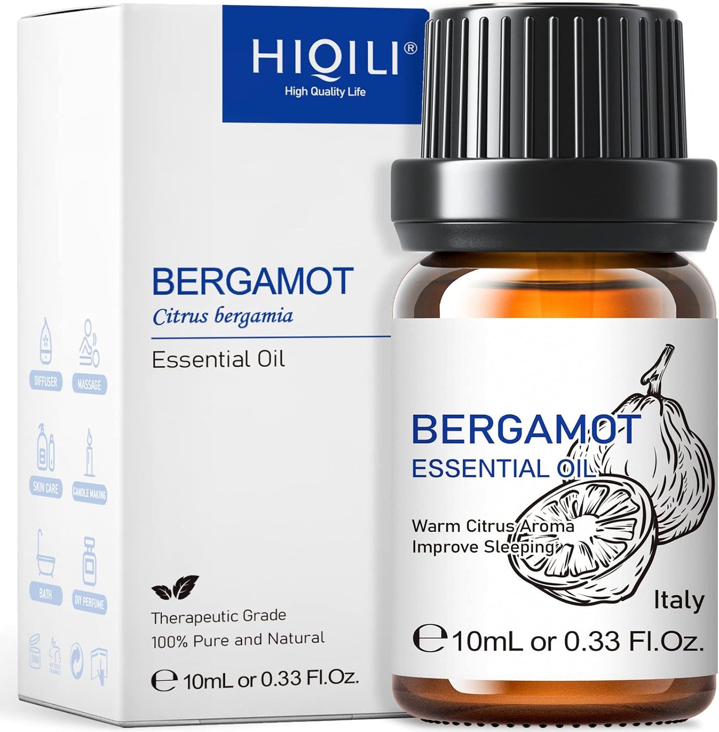 HIQILI Bergamot Essential Oil for Diffuser, Skin, Hair, DIY, 100% Pure & Natural, Travel Size - 0.33 Fl Oz (10 mL)
