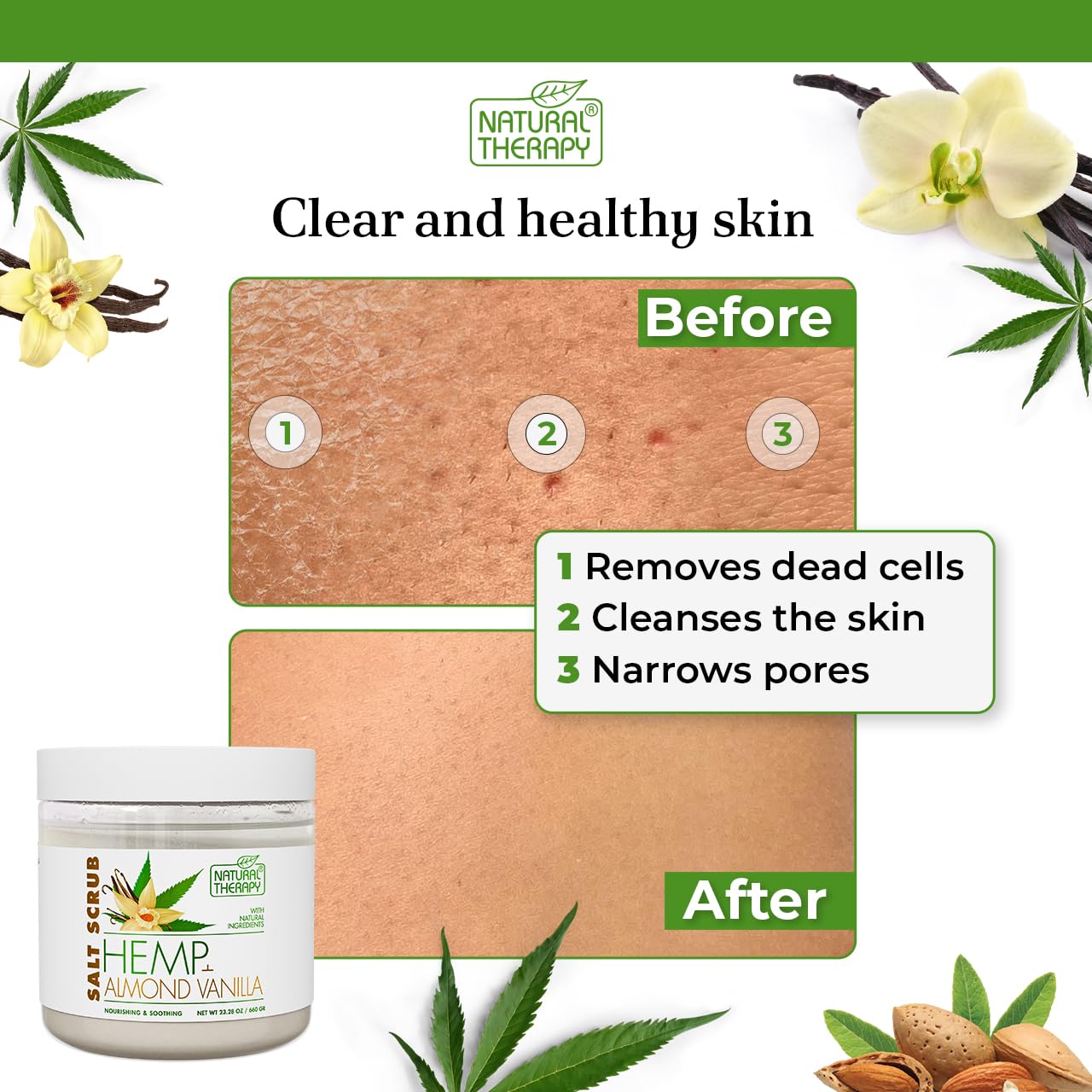 Natural Therapy Hemp & Almond Vanilla Salt Scrub – Exfoliating Body Scrub for Women – Moisturizing and Nourishing Skin – with Pure Oils and Dead Sea Minerals (23.28 Oz)