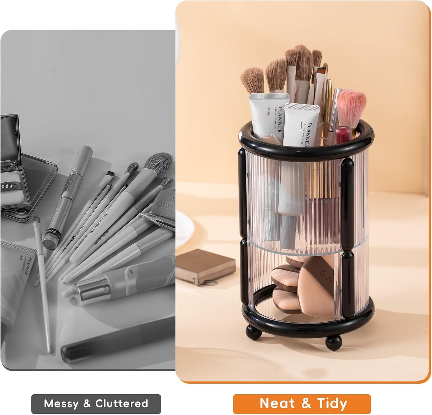 Makeup Brush Holder, 2 Tier Clear Cosmetic Tools Organizer, Round Makeup Organizer for Vanity Countertop (Black)