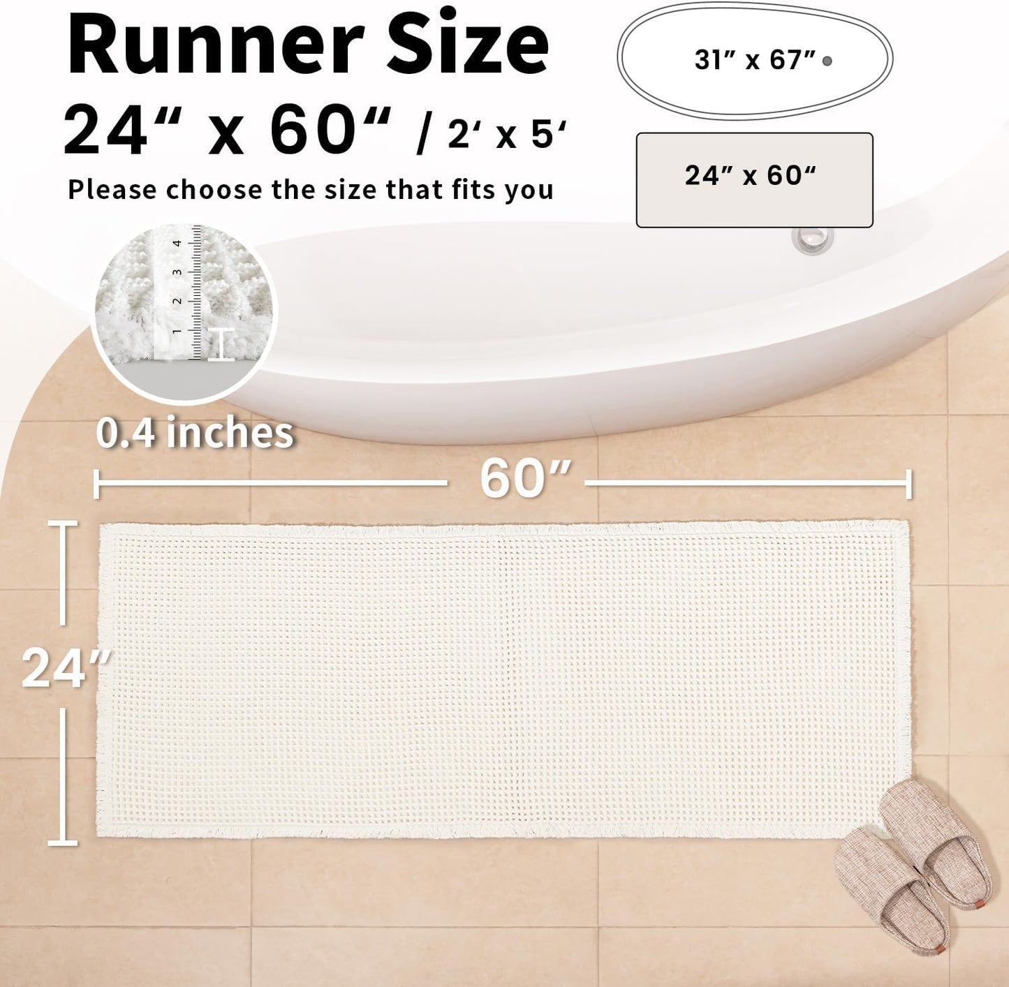 White Long Bathroom Rugs, Waffle Runner Bath Mat Non Slip Washable, Super Absorbent & Quick Dry, Boho Bath Mat Farmhouse Bathroom Decor, 24'' x 60'', White