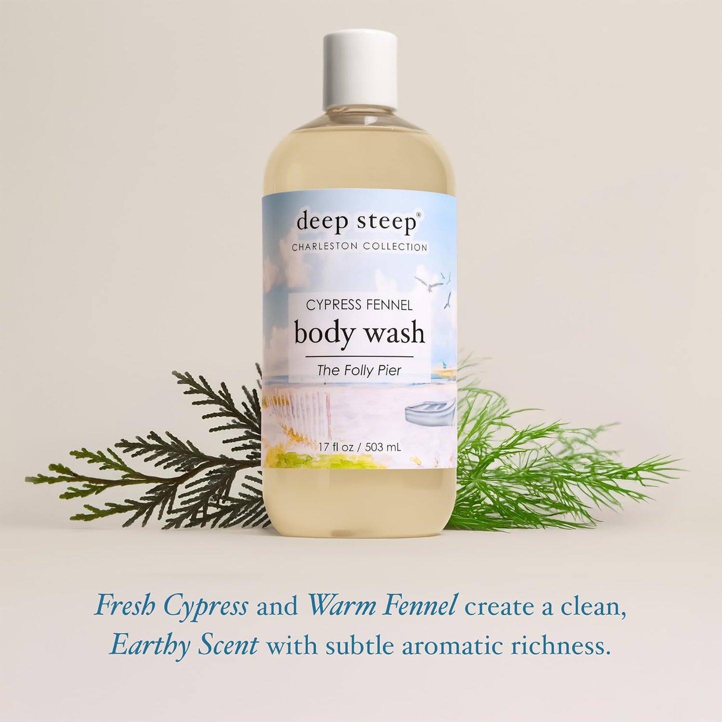 Deep Steep Body Wash, Cypress Fennel (The Folly Pier), 17 oz – Hydrating Shower Gel with Hyaluronic Acid, Shea Butter, Aloe Vera & Argan Oil – Vegan, Clean Beauty, Clean & Refreshed Skin