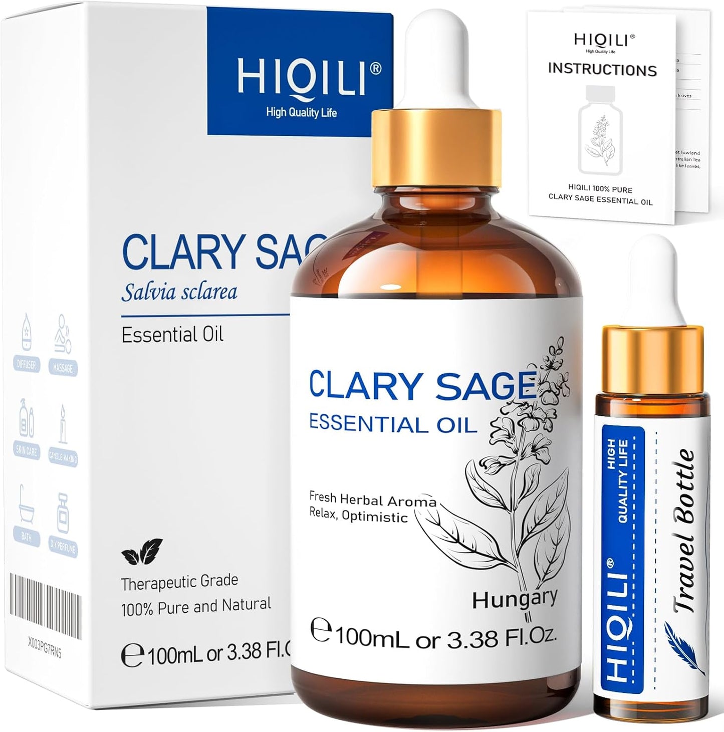 HIQILI Clary Sage Oil Essential, Herbal Sooth Aroma in Diffuse, Meditation, Calming Sleep at Bedtime, Body Massage, Moisturize Skin, DIY Deodorant Spray - 100ML