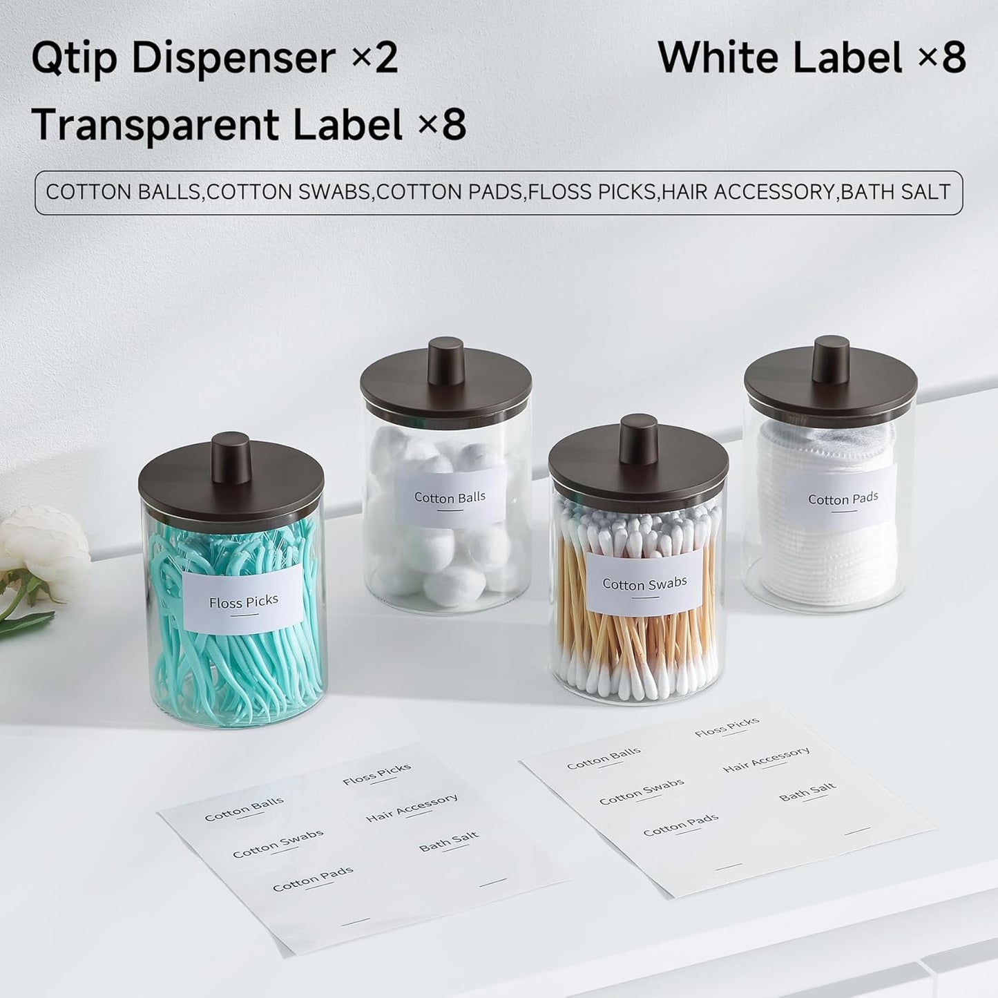 TIPGO Glass Qtip Holder Dispenser for Bathroom - 10 oz Clear Canister Apothecary Jar for Cotton Swabs, Balls, Pads, Floss Picks, Small Containers for Makeup Storage Organizer (2 Pack, Brown)