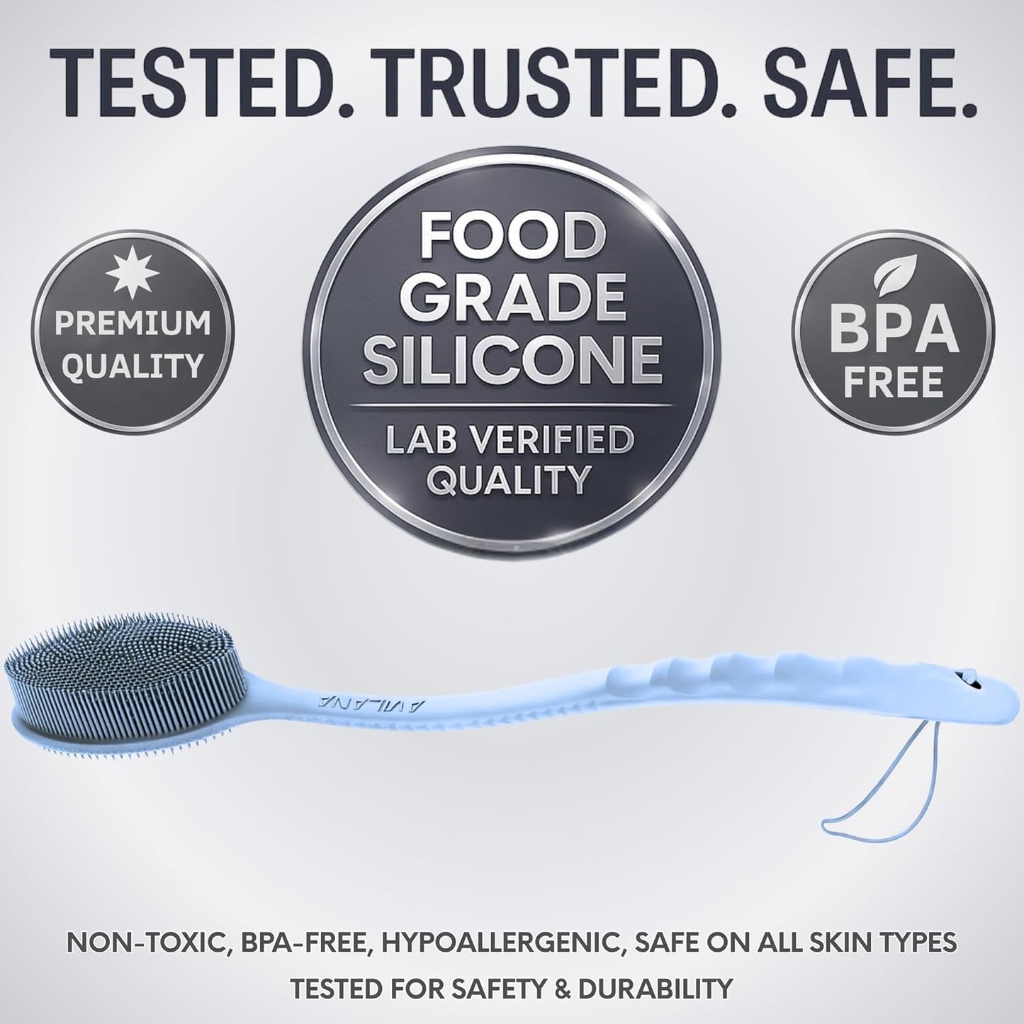 Avilana Silicone Body Scrubber – Gentle Shower Brush & Loofah Alternative- Food Grade & Lab Tested – Fast-Drying, Hygienic, BPA-Free Silicone Body Gentle Exfoliator (Blue, Long Handle)