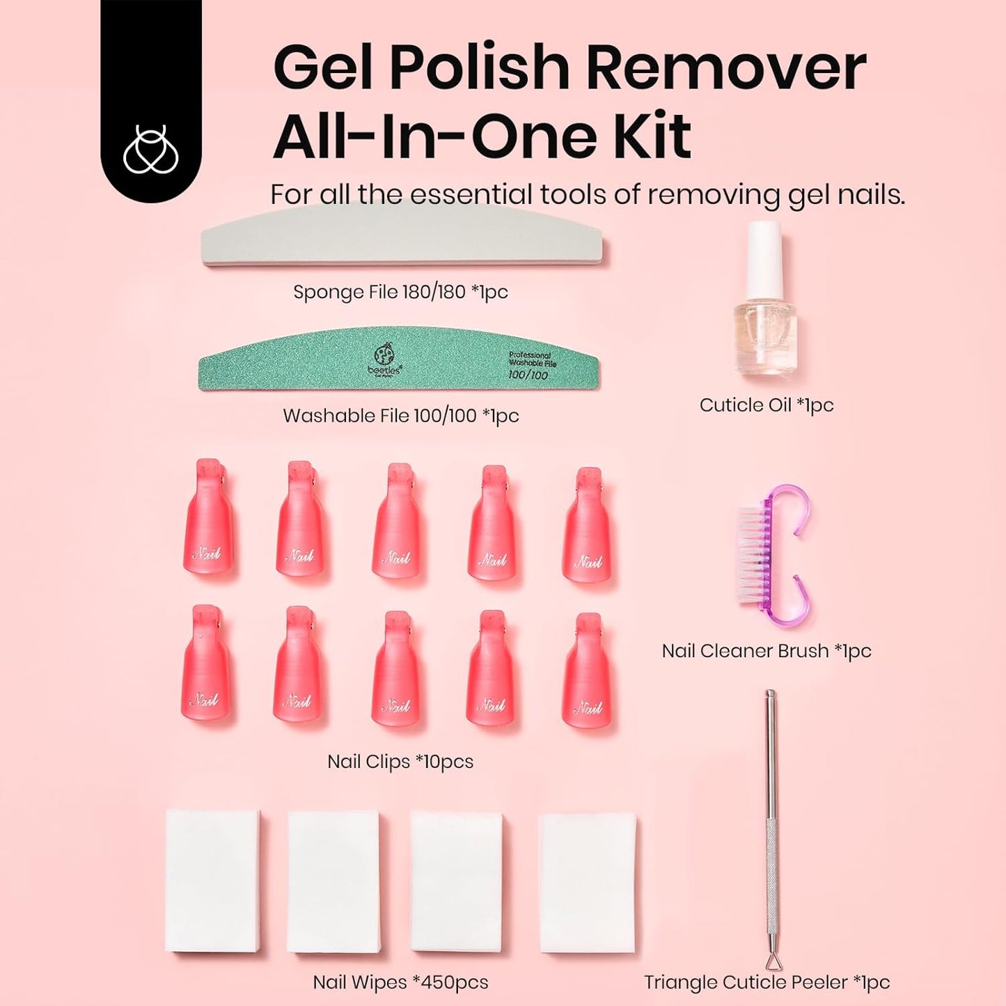 Beetles Gel Polish Remover Kit with 450 Pcs Lint Free Nail Wipes 10 Pcs Gel Polish Remover Clips Cuticle Oil Cuticle Pusher Nail File
