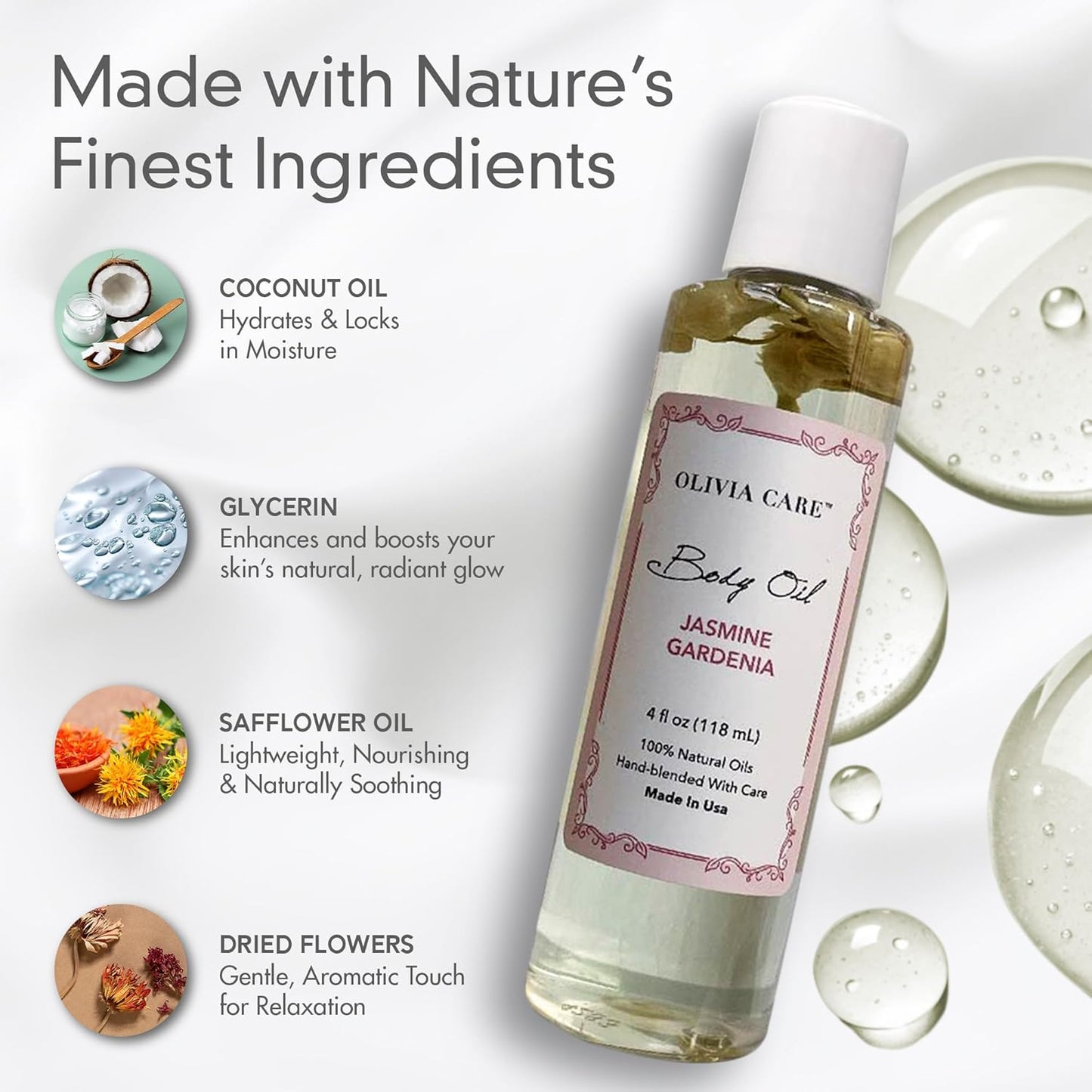 Olivia Care Jasmine Gardenia Body Oil Vegan & Natural Oil For Women | Hydrating & Moisturizing After Bath Oil - with VITAMIN E, K & Omega Fatty Acids Reduce Dry Skin - 4 OZ