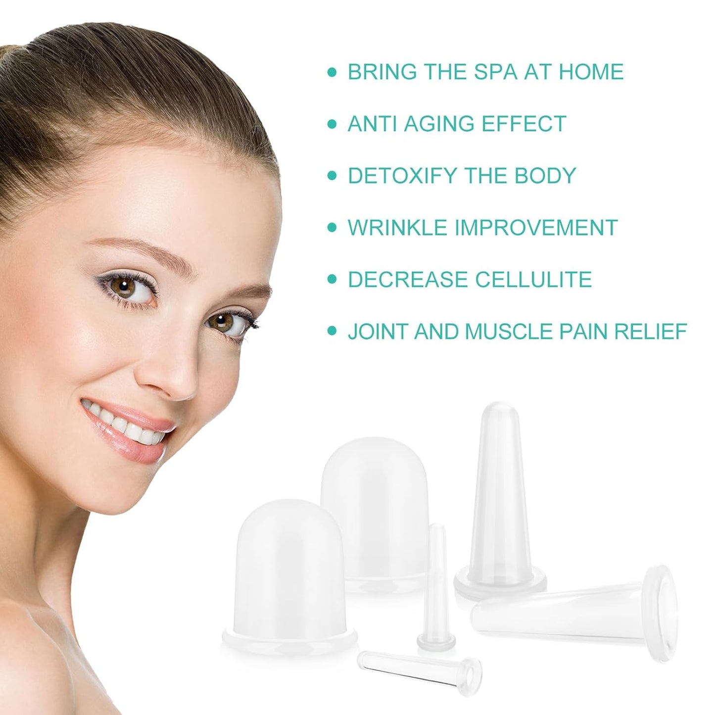 BBTO Silicone Facial Cupping Set, Vacuum Massage Cup Kit for Body, Face, Neck, Back, and Eye, 6 Cups and Exfoliating Brush (Clear)