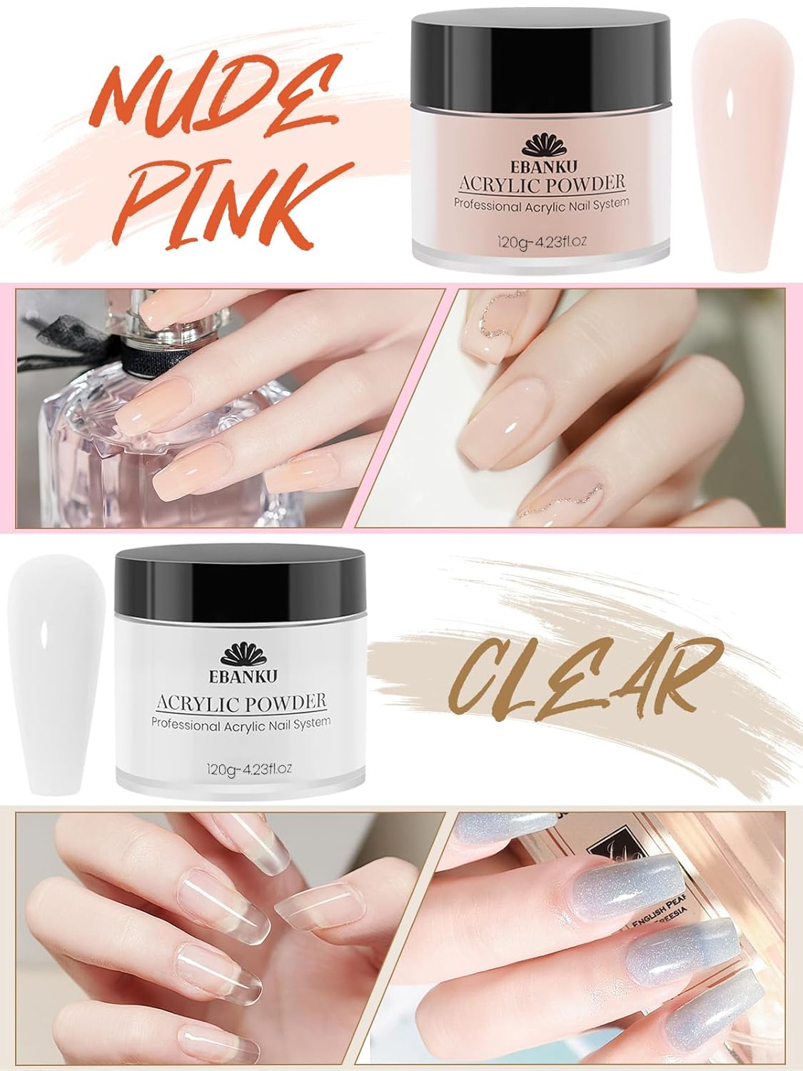 EBANKU Acrylic Powder Set 4 Colors Acrylic Nail Powder Nude Pink White Clear Acrylic Powder for Acrylic Nail Extension Nail Carving, Long-Lasting, No Nail Lamp Needed, Large Capacity 4.23oz*4