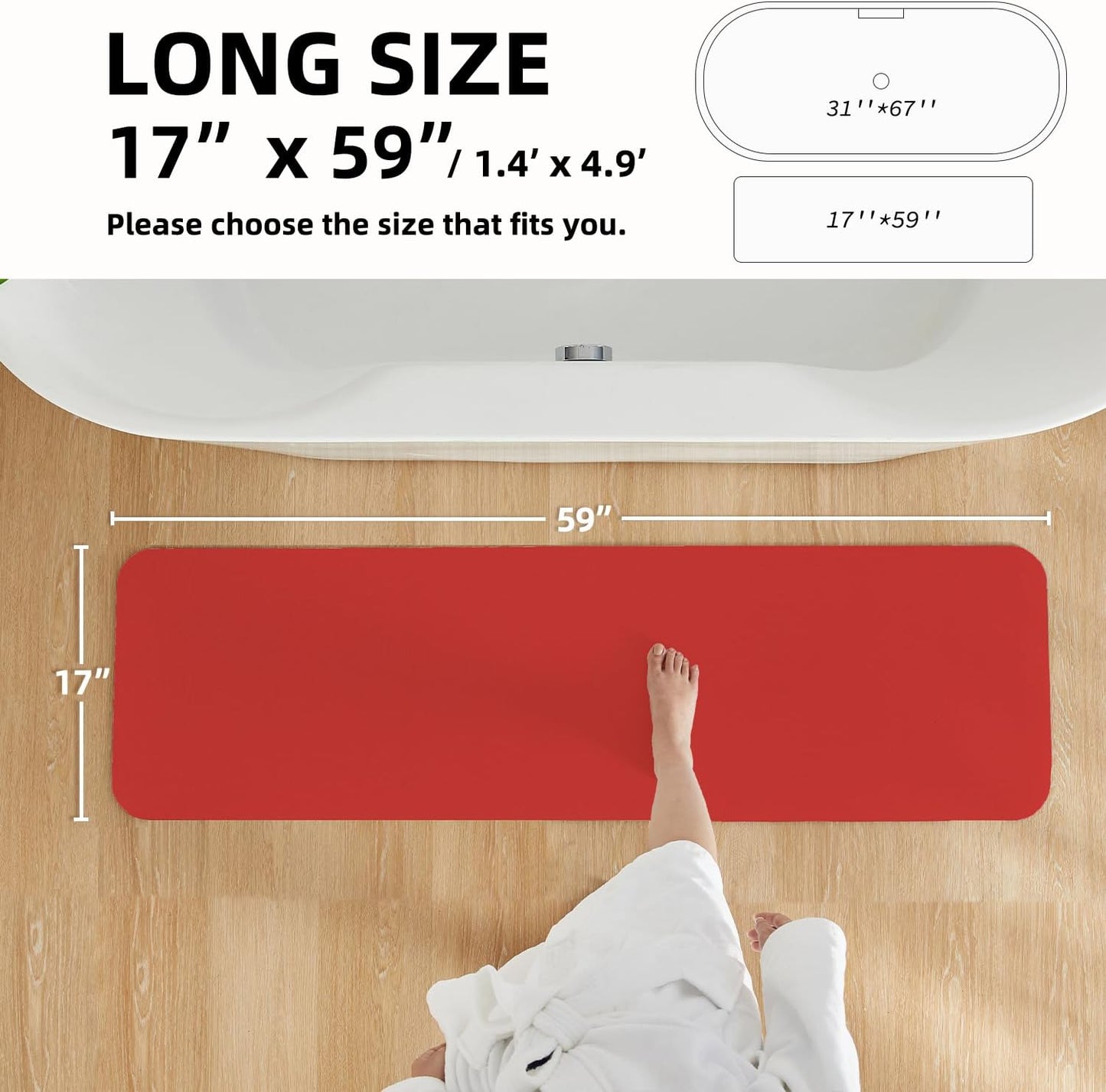 Christmas Bath Mat, Red Bathroom Rugs Non Slip Washable Thin Absorbent Bath Mat Fits Under Door Bathroom Floor Mat Perfect for Bath, Shower, or Sink 17"x59" Red