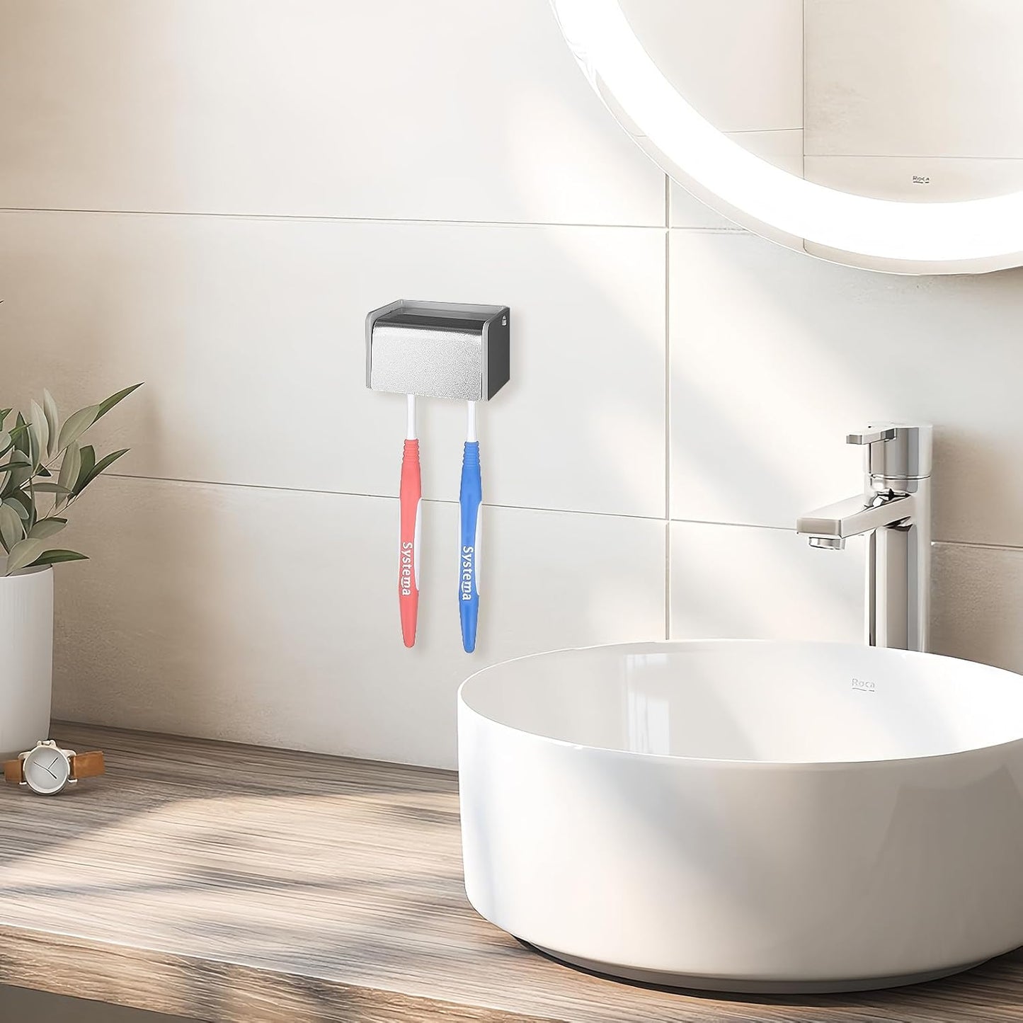 Toothbrush Holder Wall Mounted with Cover for Bathroom, 2 Slots Toothbrush Storage Organizer for Shower, Self Adhesive Toothbrush Hanger Rack for Dorm, Cabinet (Silver)