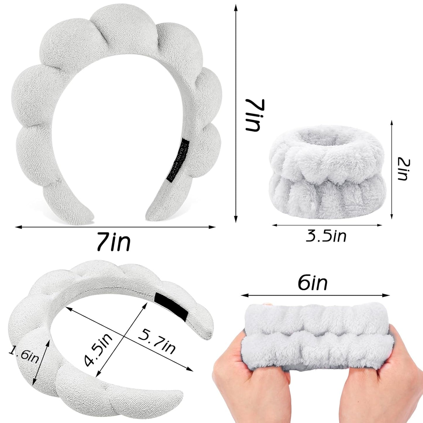 Zkptops 6Pcs Spa Headband for Washing Face Wristbands Set Women Bubble Skincare Makeup Sponge Terry Cloth Padded Puffy Headband Bow Tie Hairband Cute Non Slip Thick Hair Accessory Gifts (Grey)