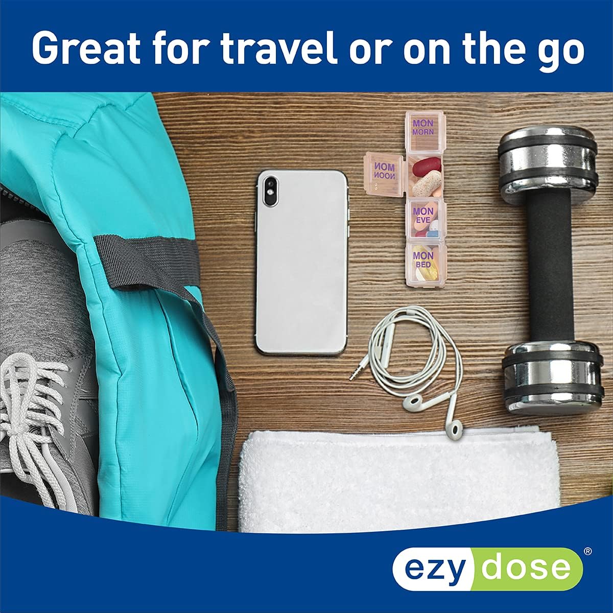 EZY DOSE Weekly (7 Day) 4 Times a Day Push Button Pill Organizer and Vitamin Planner, Removable Daily Pillboxes, Purple, Clear Lids, Small