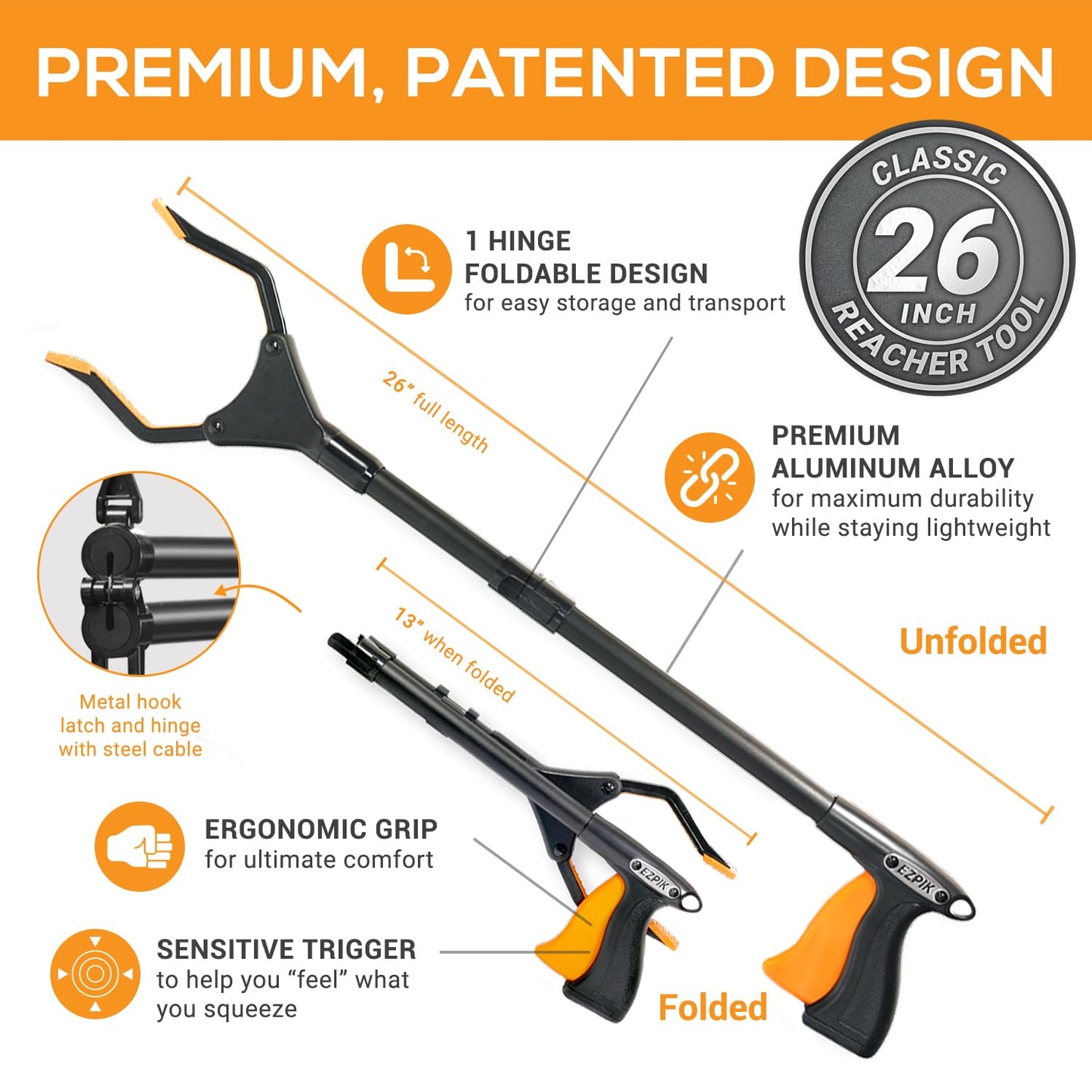 EZPIK® Reaching Aid Tool Grabber Reacher + Magnets - Grabbers for Seniors, Trash Picker Upper Grabber - Trash Grabber Tool- Reacher Grabber Pickup Tool with Rotating Head (26" Grip Aid)