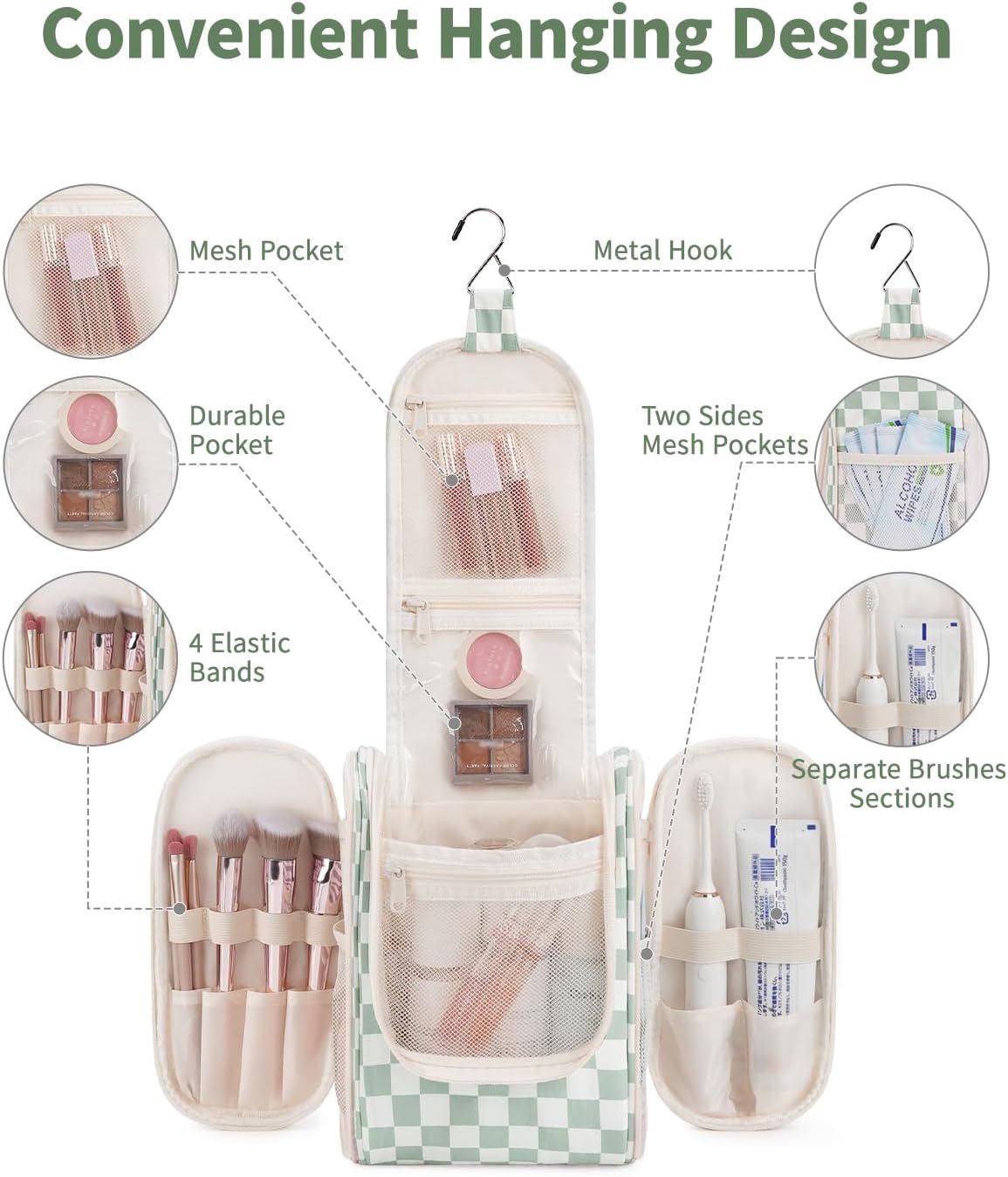 Narwey Small Checkered Hanging Travel Toiletry Bag for Women, Travel Bag for Toiletries, Makeup Bag Organizer Cosmetic Bags Make Up Bags for Women (Mint Green Checkerboard)