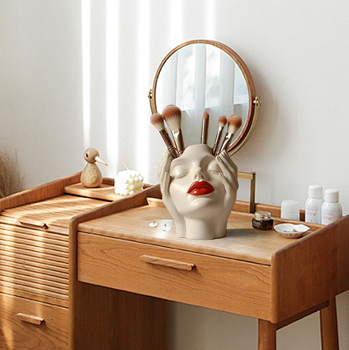 Makeup Brush Organizer, Boho Women Head Shape Sculpture, Modern Desk Decor Pen Holder, White Female Face Vase Bookshelf Decor, Office Shelf Organizer for Vanity, Living Room, Home (Beige 4)