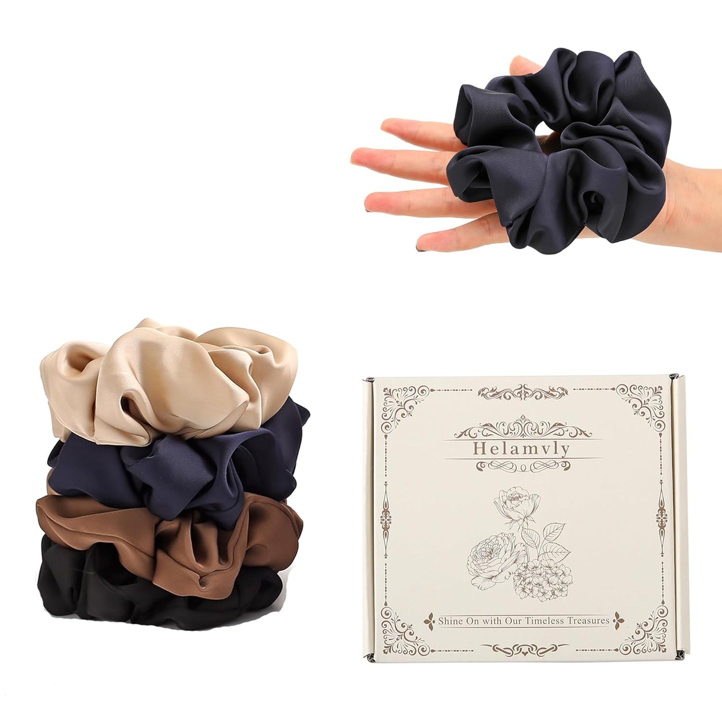 4PCS Large Satin Silk Scrunchies for Women - Big Glossy Scrunchie for Thick Hair Girl Hair Ties Ponytail Holders Jumbo Scrunchies (Black Navy-Blue Brown Champagne)