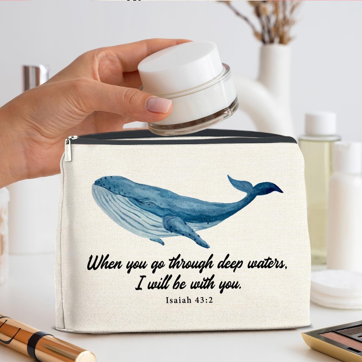 Christian Whale Shark Makeup Bag Gifts for Women Bible Verse Isaiah 43:2 When You Go Through Deep Waters I Will Be With You Cosmetic Bag Zipper Pouch
