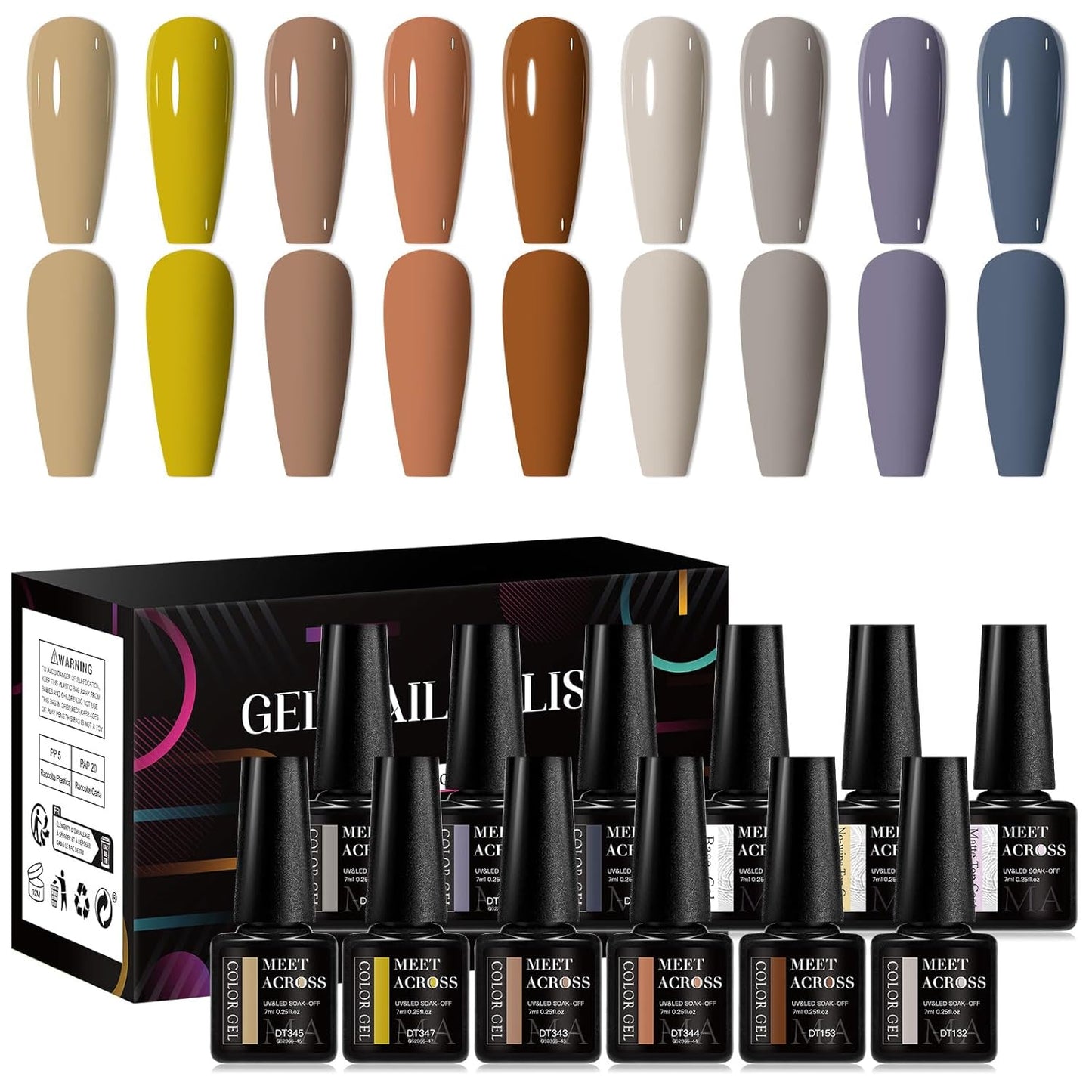 MEET ACROSS 9 Colors Gel Nail Polish + 3PCS Function Gel Nail Polish Kit,Fashion Nail Art Set Design Gifts for Women Manicure Salon (SET5, 12pcs)