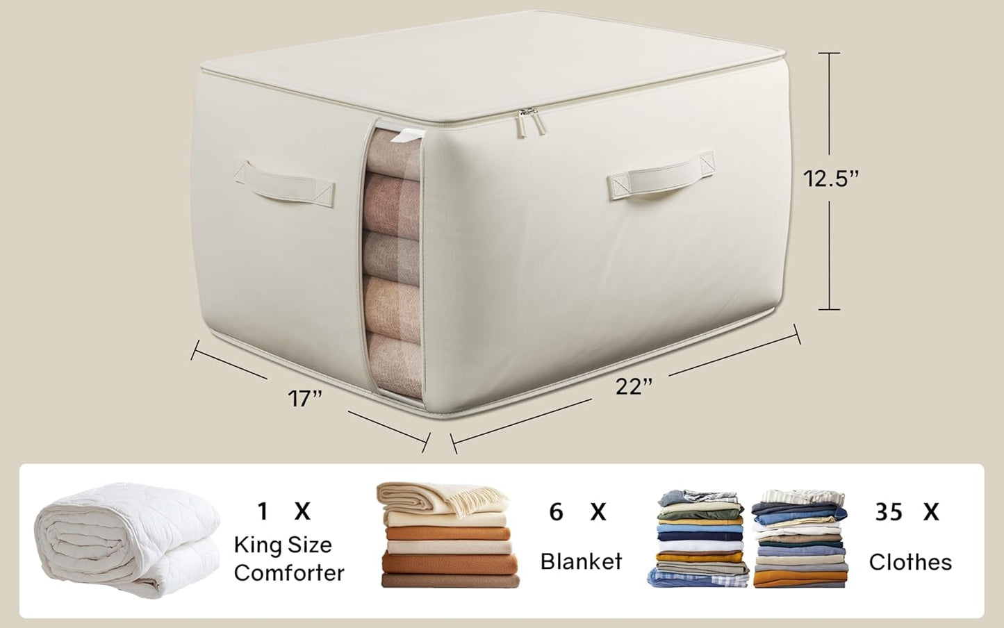 Large Canvas Clothes Storage Bags with Thick Handles and Clear Window, Foldable Cotton Linen Closet Organizer for Clothing, Blankets and Bedding, 70L, 3 Pack, Beige
