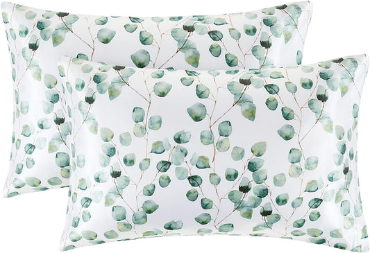 EXQ Home Silky Satin Pillowcase for Hair and Skin,Printed Pillow Cases Standard Size Set of 2 Satin Pillow Case 2 Pack with Envelope Closure(Ink Leaf, 20x26)