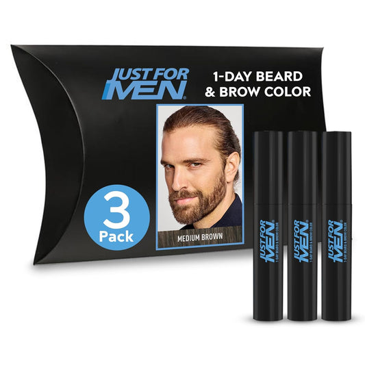 Just for Men 1-Day Beard & Brow Color, Temporary Color for Beard and Eyebrows, For a Fuller, Well-Defined Look, Up to 30 Applications, Medium Brown, Ships in Eco-Friendly Packaging (Pack of 3)