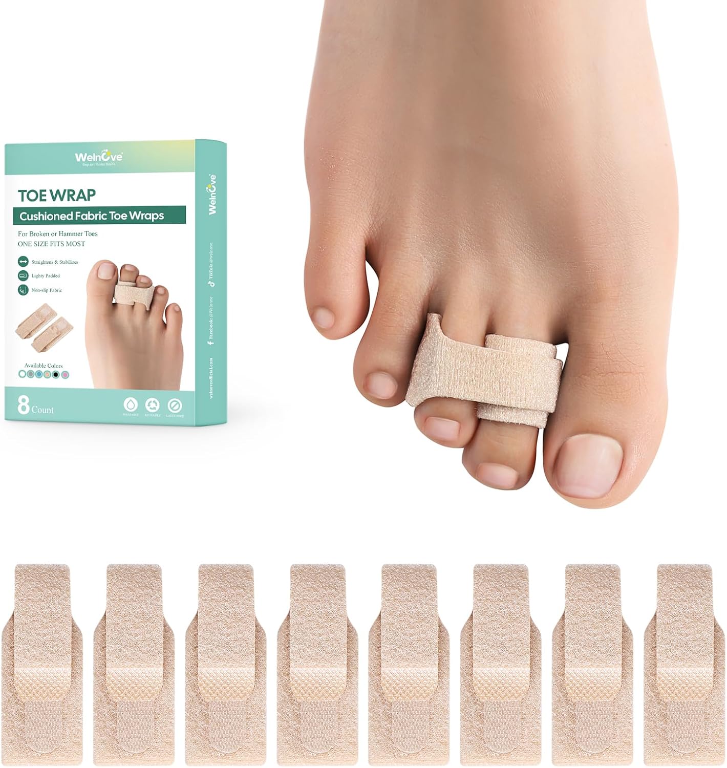 Welnove Hammer Toe Straightener - 8 Pack Broken Toe Wraps - Hammer Toe Corrector for Women - Toe Splints for Crooked Toes, Curled Toes, Bent Toes - (Large, Beige)