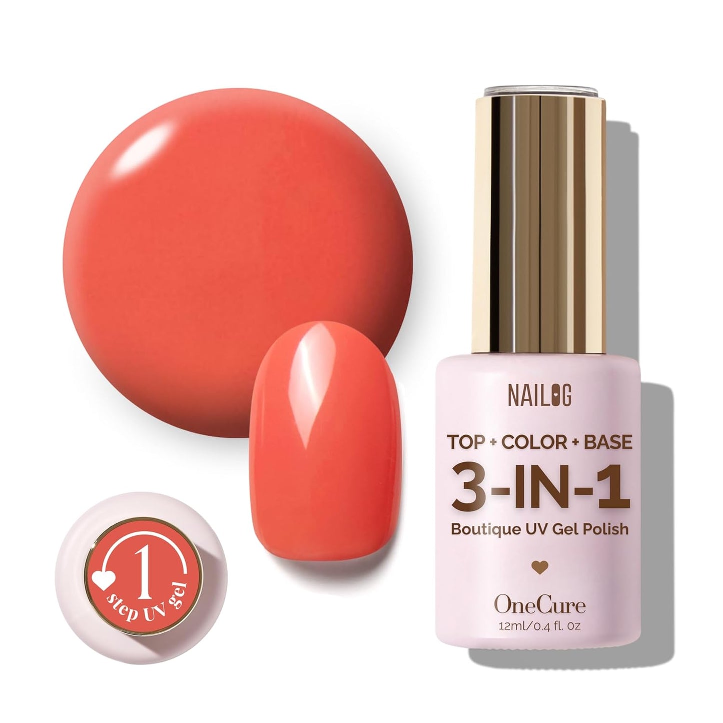 NAILOG One Step Coral Gel Nail Polish 12ml Top Coat Color Gel Base 3-In-1 Formula Soak Off UV Gel Polish for Home DIY & Gifting | Coral
