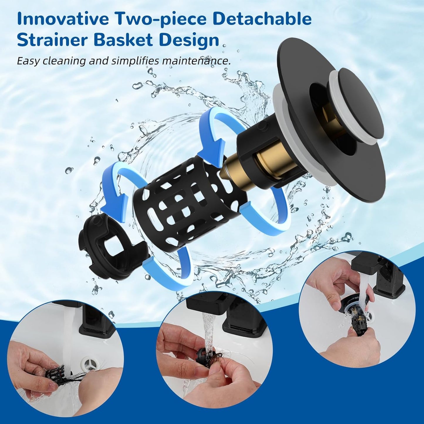Hibbent Upgraded 3 in 1 Bathroom Sink Drain Strainer, Universal Pop Up Stopper, Removable Stainless Steel Filter Basket Hair Catcher, Sink Plug for 1.1''~2.36'' Basin, Brass Bullet Core, Matte Black