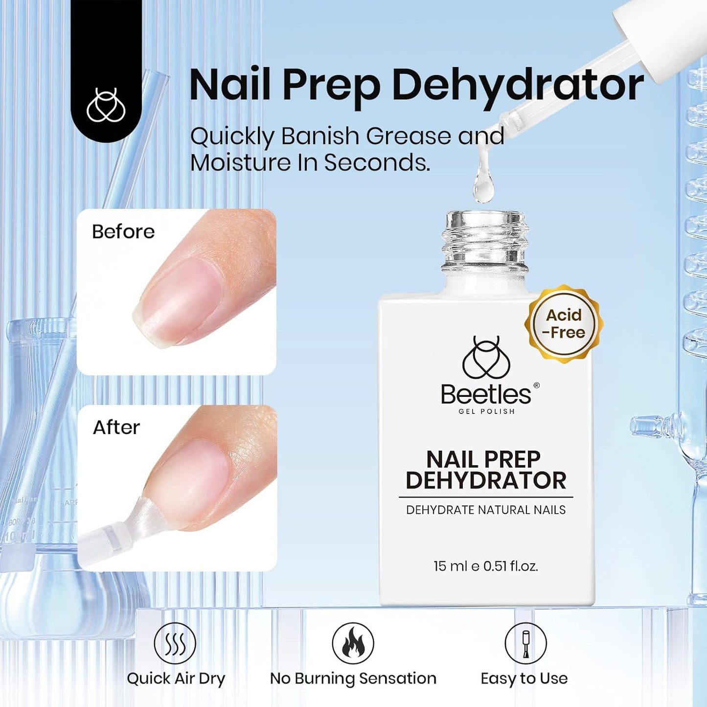 Beetles Nail Dehydrator and Primer - Acid-Free & Hema-Free 2Pcs 15ml Nail Bonding Agent for Gel Polish and Acrylic Nails, Long-Lasting No-Lift Prep for Salon & DIY Manicures