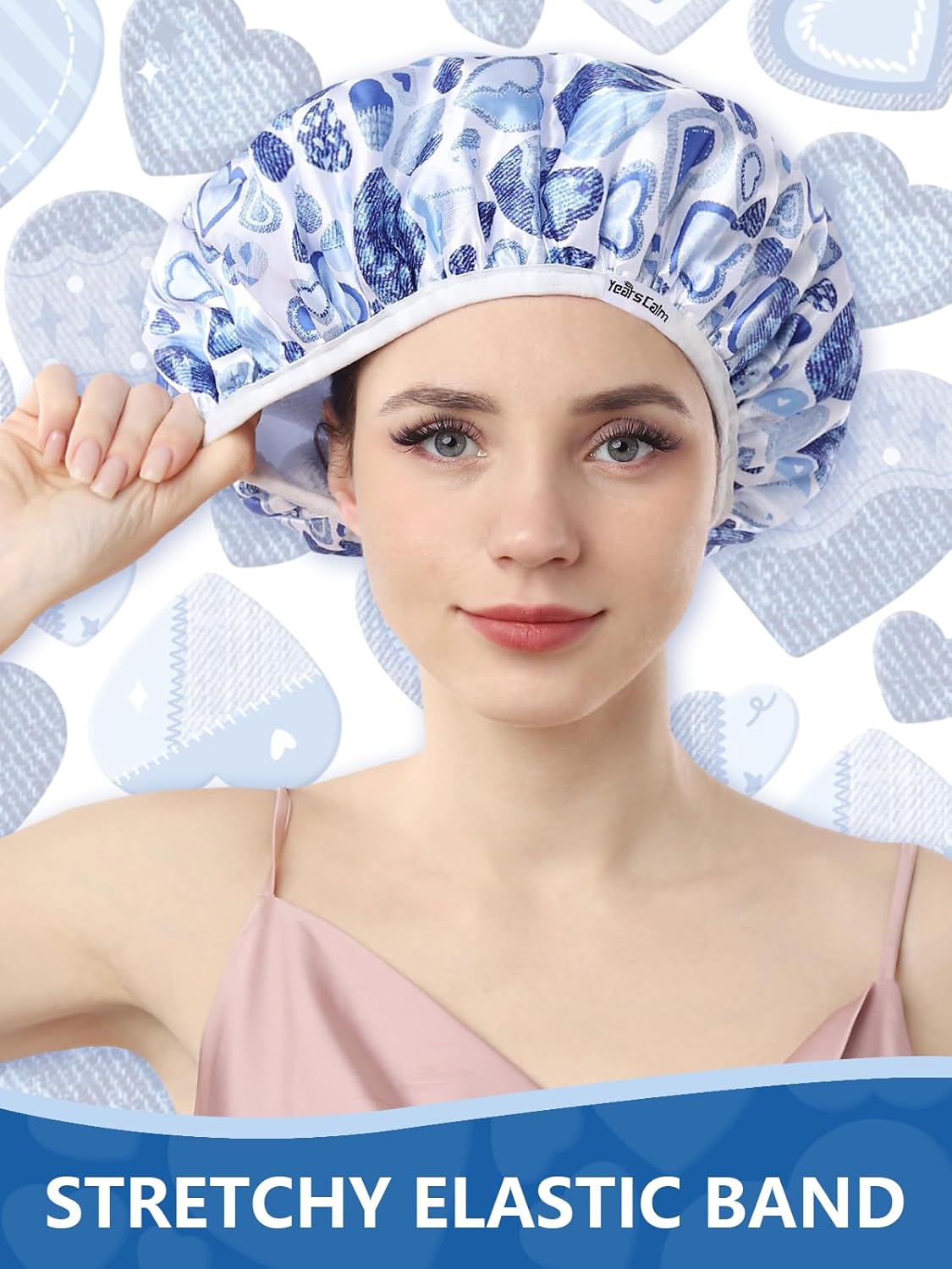 Years calm Terry Lined Shower Cap, Triple Layer Heart Motifs,Waterproof Reusable Elastic,Hair Shower Cap for Women,Terry Cloth Shower Caps for Spa,Clean,Trave (Blue, One Size)
