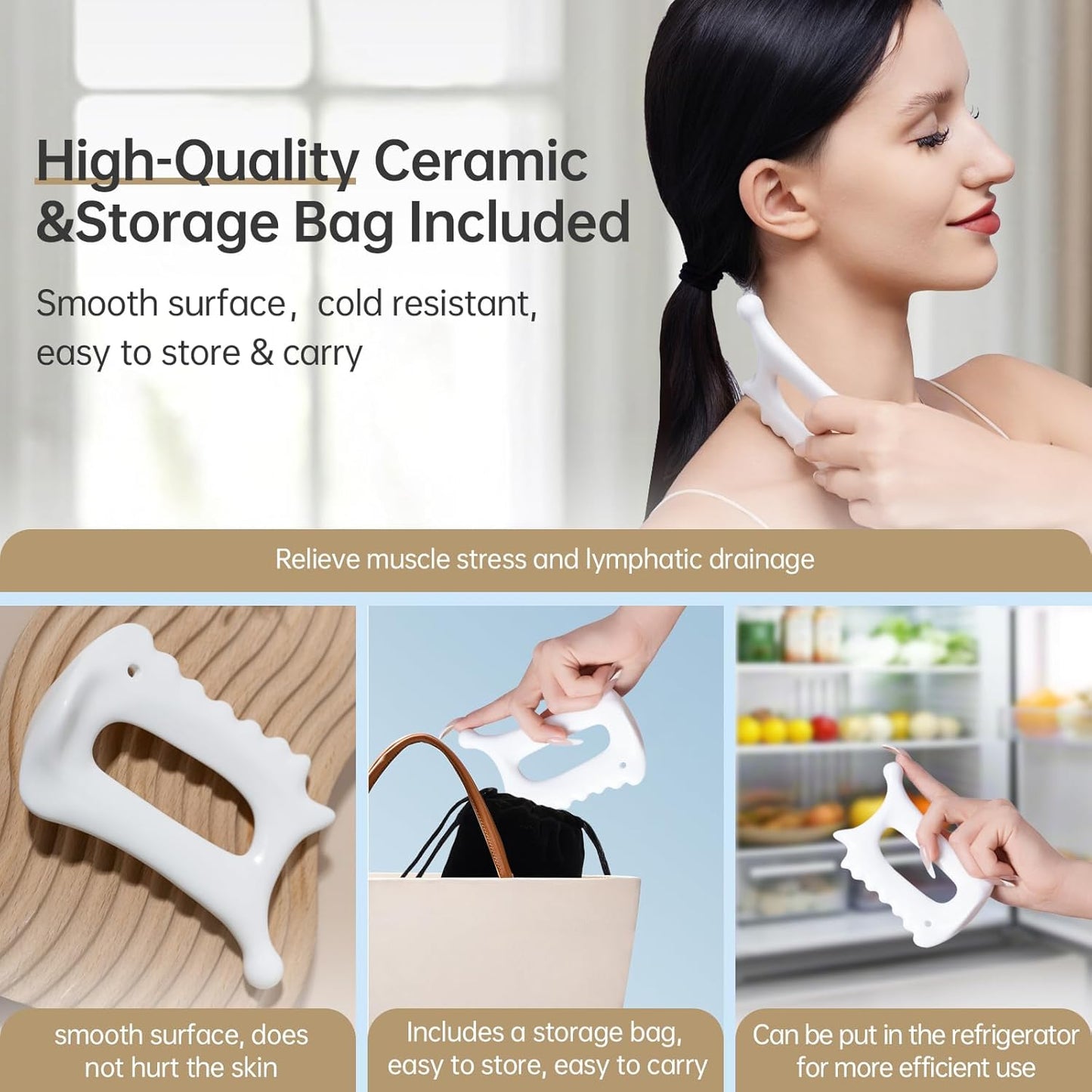 Ceramic Body Gua Sha Tool-6-in-1 Face Guasha Tool for Lymphatic Drainage,Guasha Massage Tool for Stress Relief,Trigger Point Tool for Fascia Massage&Cellulite,Self Care Gua Sha Gift for Women