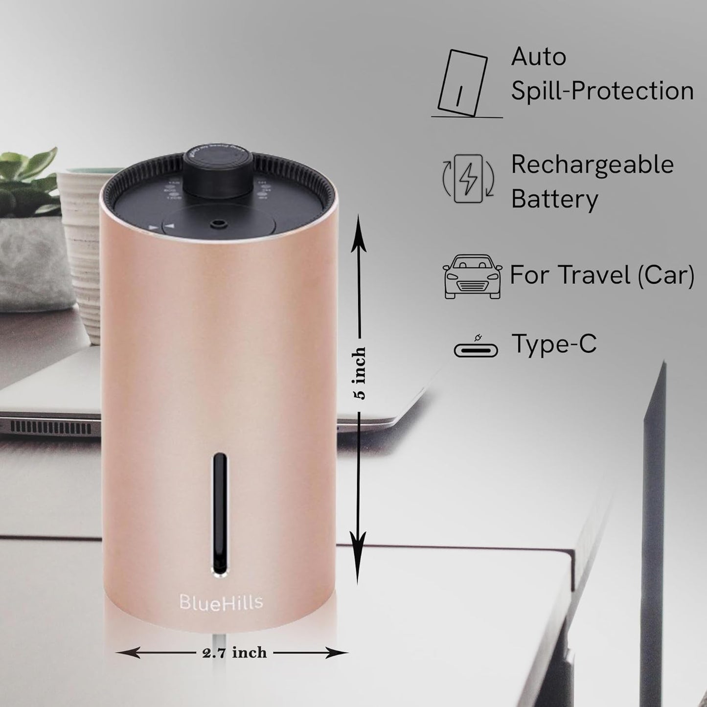 BlueHills Waterless Cordless Car Essential Oil Diffuser Aromatherapy Mini Compact Diffuser for Oils Large Room Portable USB Travel Battery Operated Rechargeable Hotel Home - J04 Rose Gold