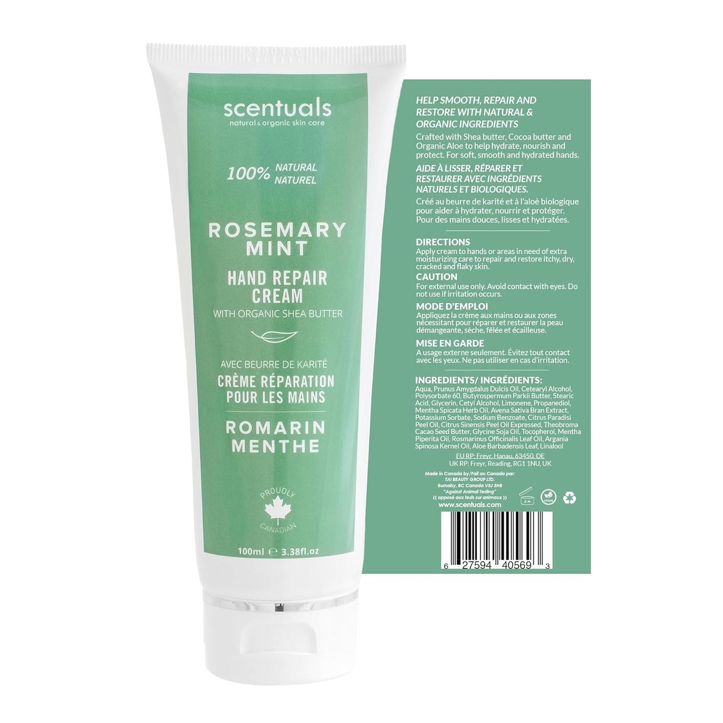 Hand Cream with Rosemary & Mint Essential Oil, Shea Butter, Cocoa Butter, Argan & Almond oil, Vitamin E and Aloe Vera, for Moisturizing Dry Hands, Cruelty Free, Natural Skin Care, 100 ml, 3.4 fl.oz