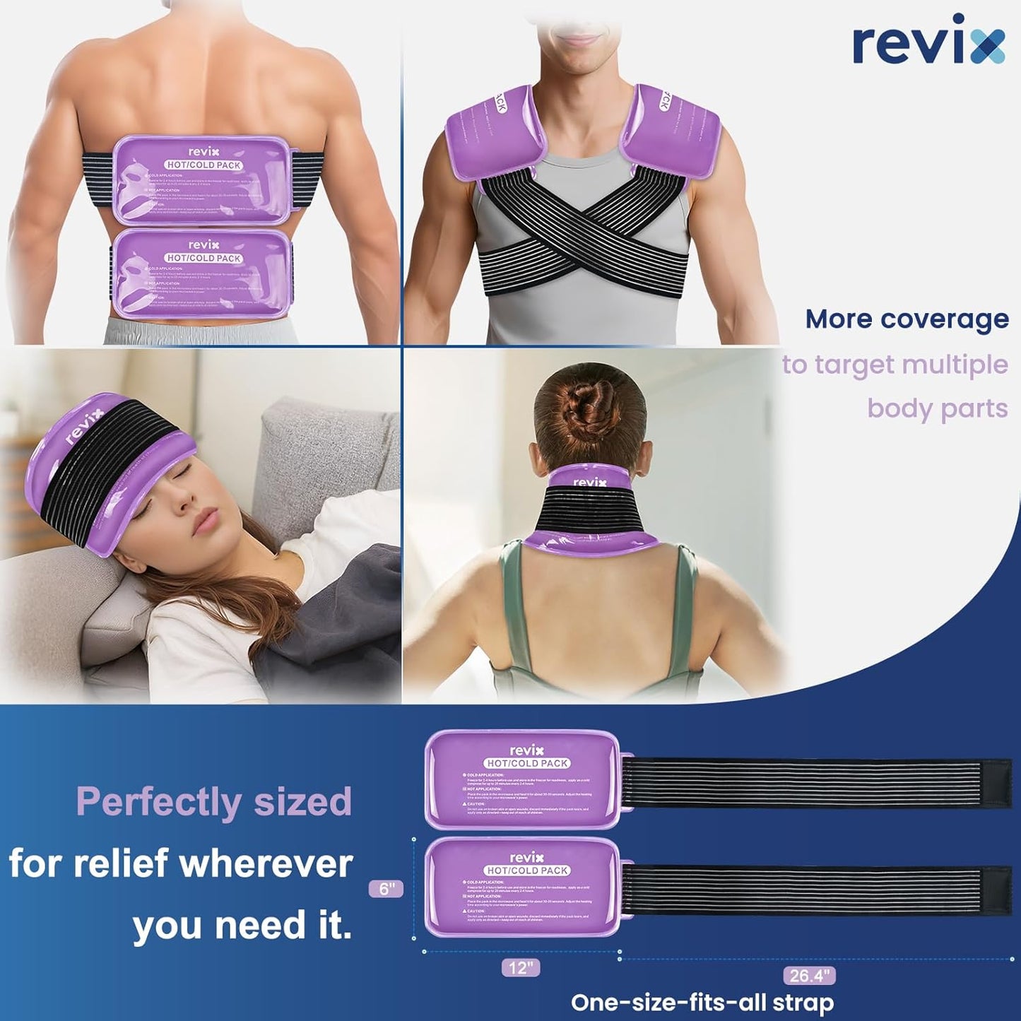 REVIX Large Ice Packs for Injuries, 2 Packs Hot & Cold Gel Ice Packs with PVC Cooling Design & Adjustable Strap, Flexible Therapy on Joints, Muscles, Shoulder, Back and Knee (12" x 6" Purple)