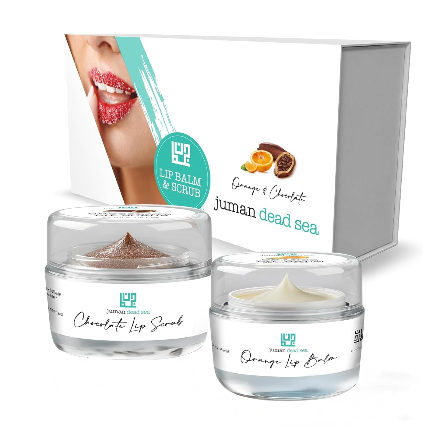 Juman Dead Sea Minerals Lip Care Set | Hydrating Lip Balm & Scrub | Orange & Chocolate | For Chapped & Dry Lips | Dorm Essentials | Vegan | SLS & Paraben-Free | Great as a Gift